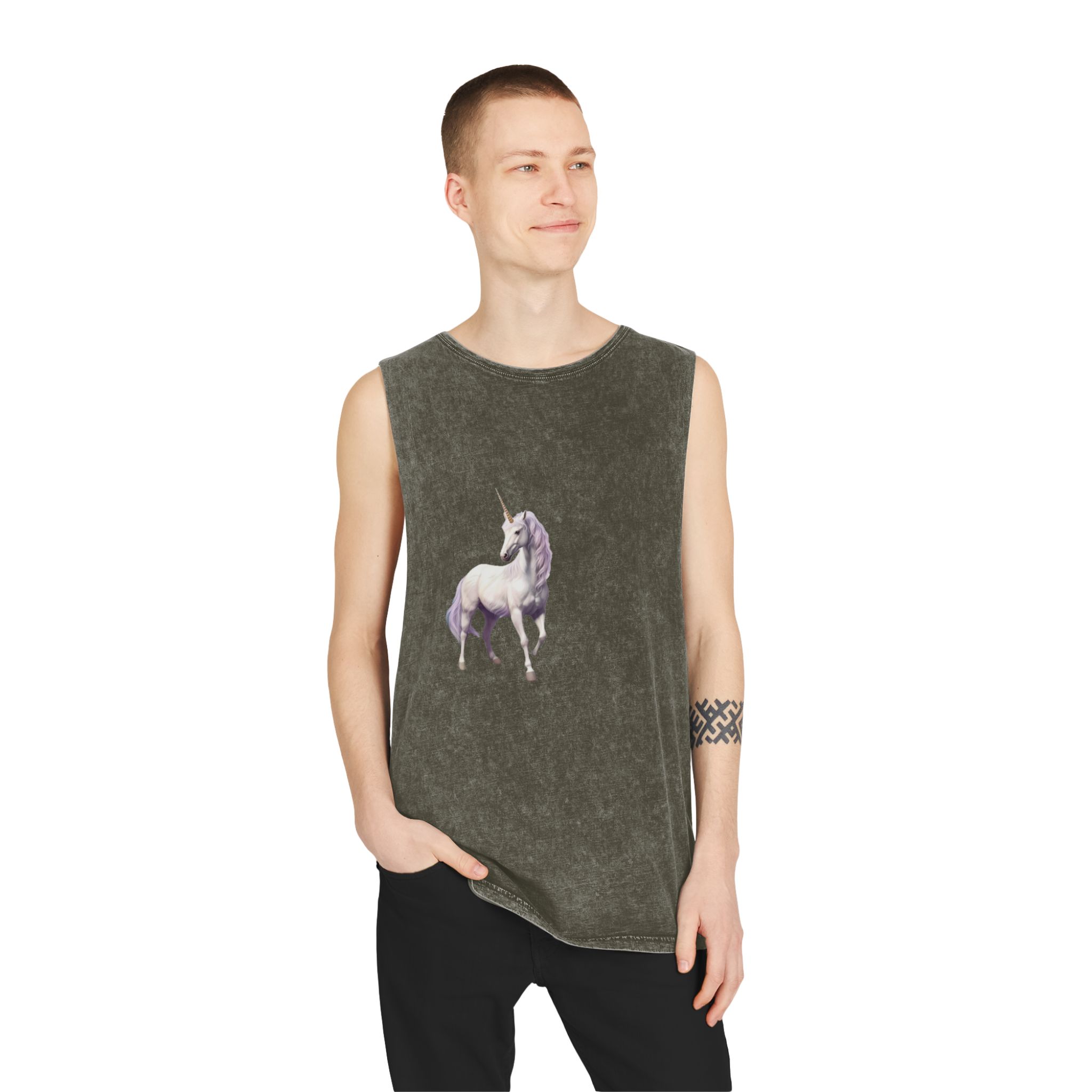 Unicorn Standing Field Flowers With Mountains Background Generative Ai Unisex Stonewash Tank Top - Image 7