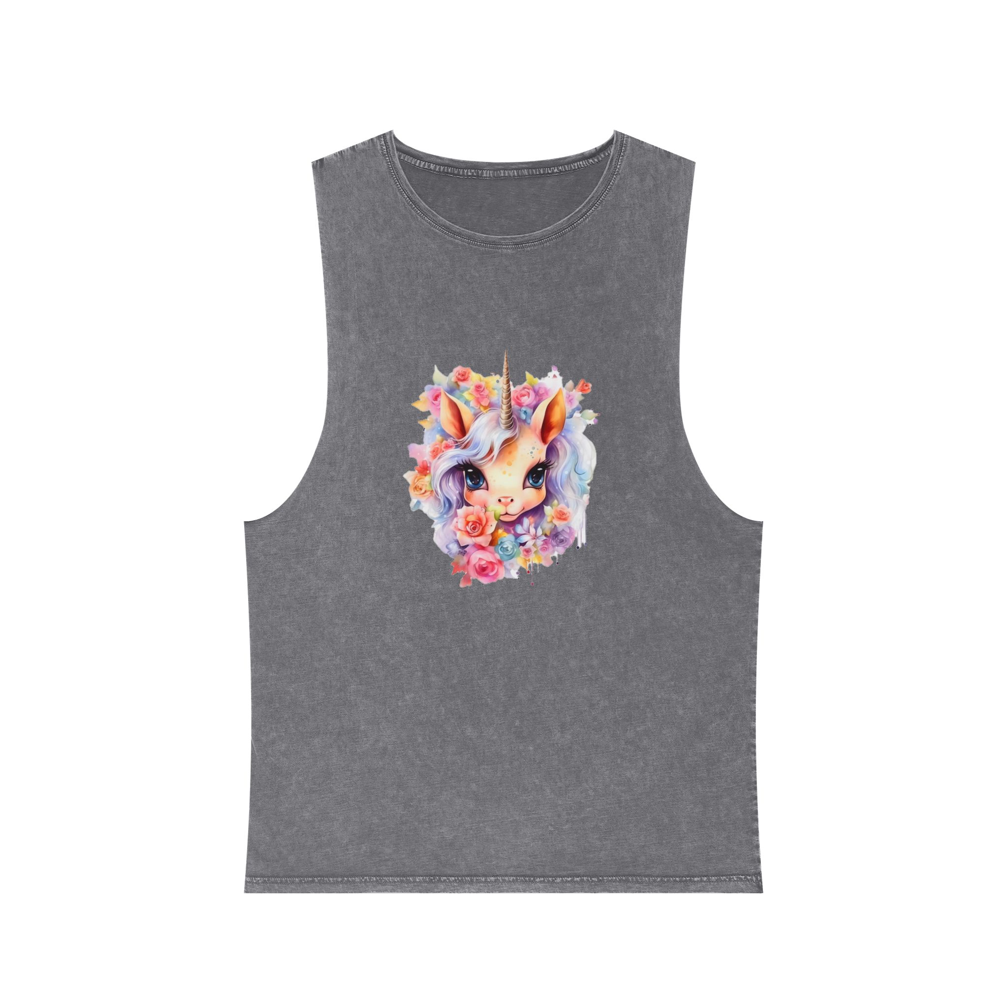 Cute Colorful Magic Unicorn With Flowers Watercolor Style (4) Copy Unisex Stonewash Tank Top - Image 9