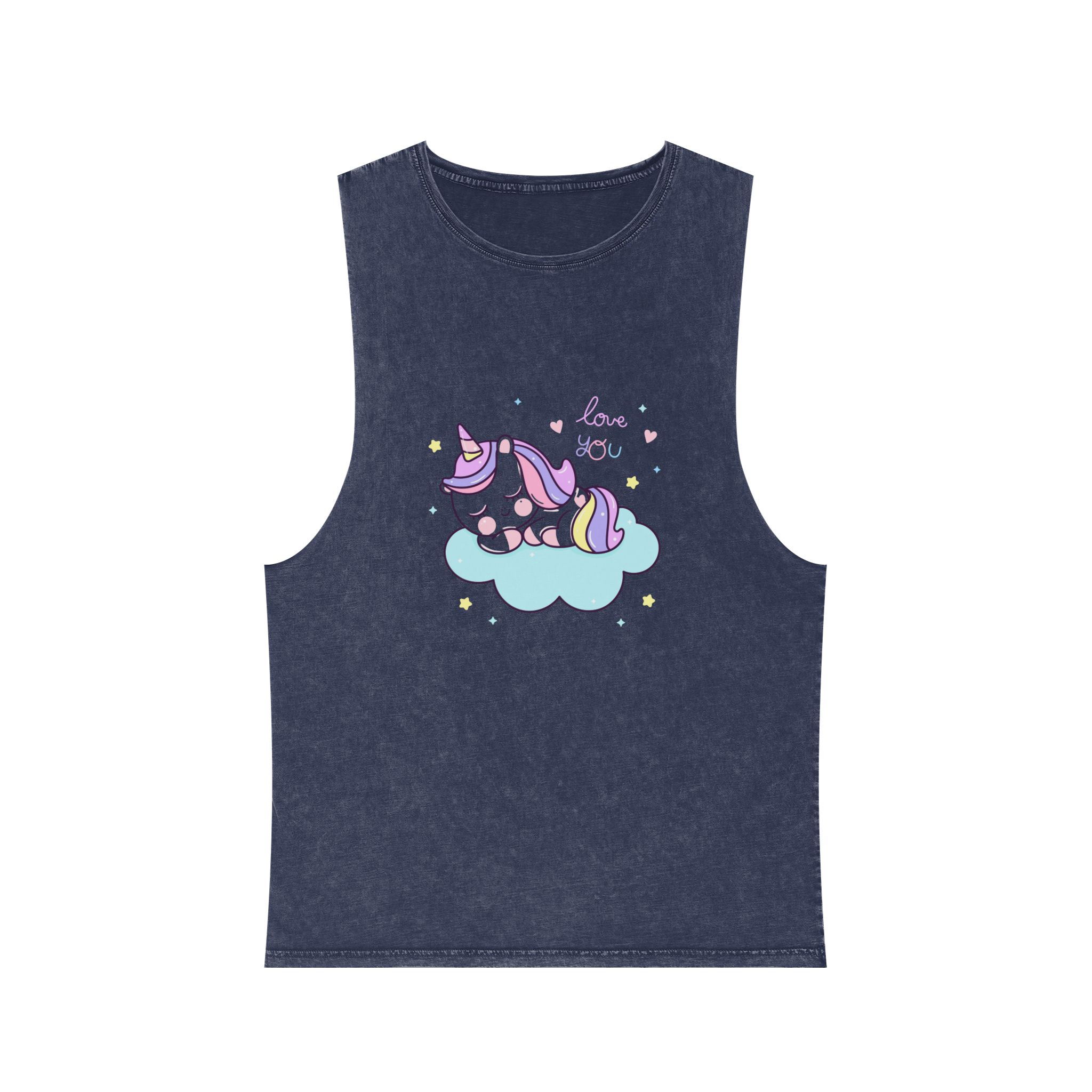Cute Unicorn Sleep Cartoon Cloud Sweet Dream Kawaii Hand Drawn Unisex Stonewash Tank Top - Image 13