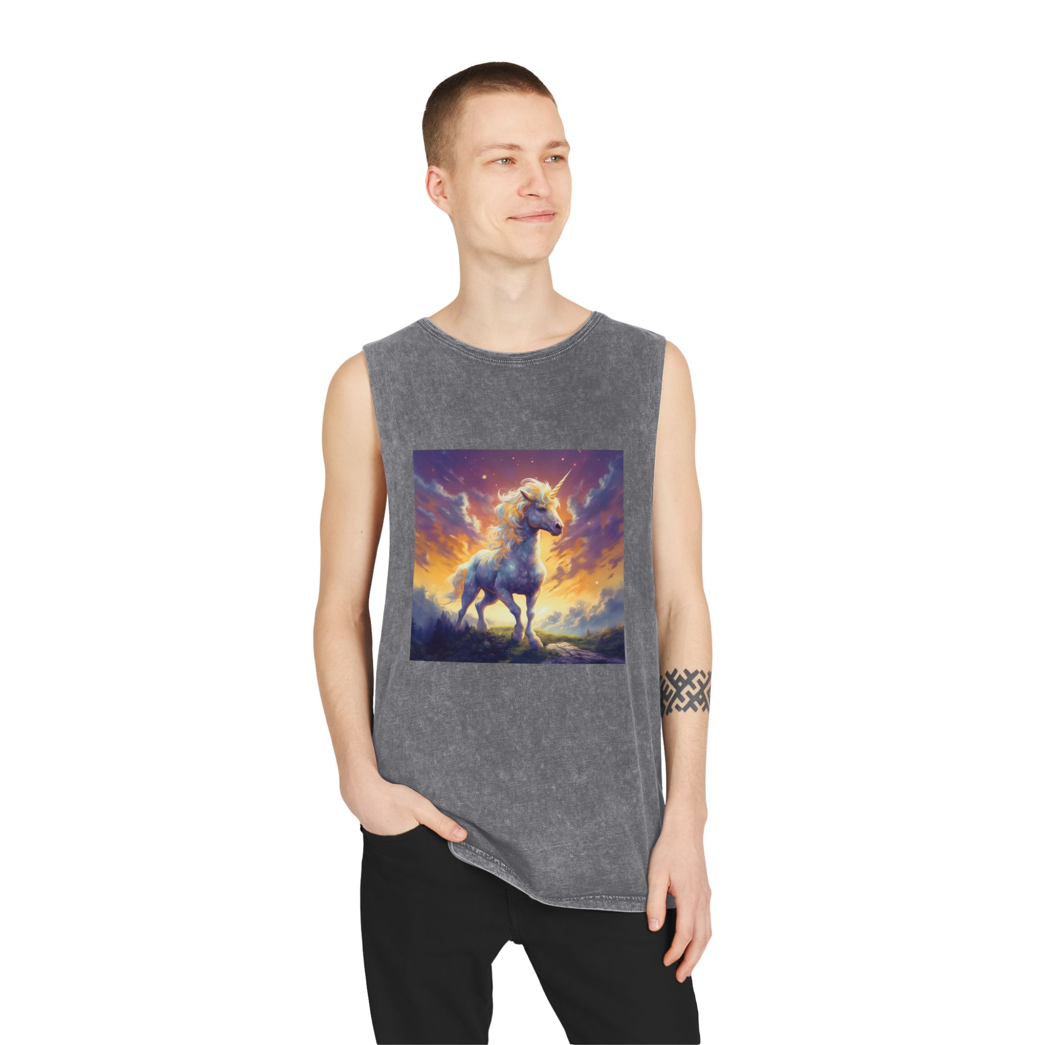 Painting Unicorn Standing Hill With Sunset Background Generative Ai Unisex Stonewash Tank Top - Image 11