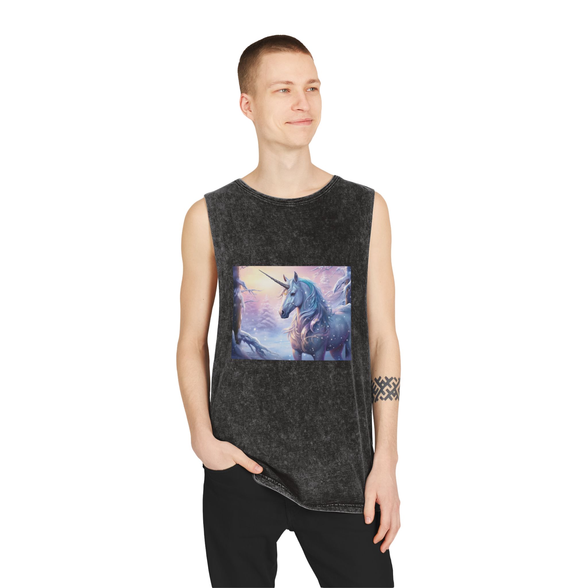 Unicorn Snow With Pink Sky Background Generative Ai Unisex Stonewash Tank Top - Image 3