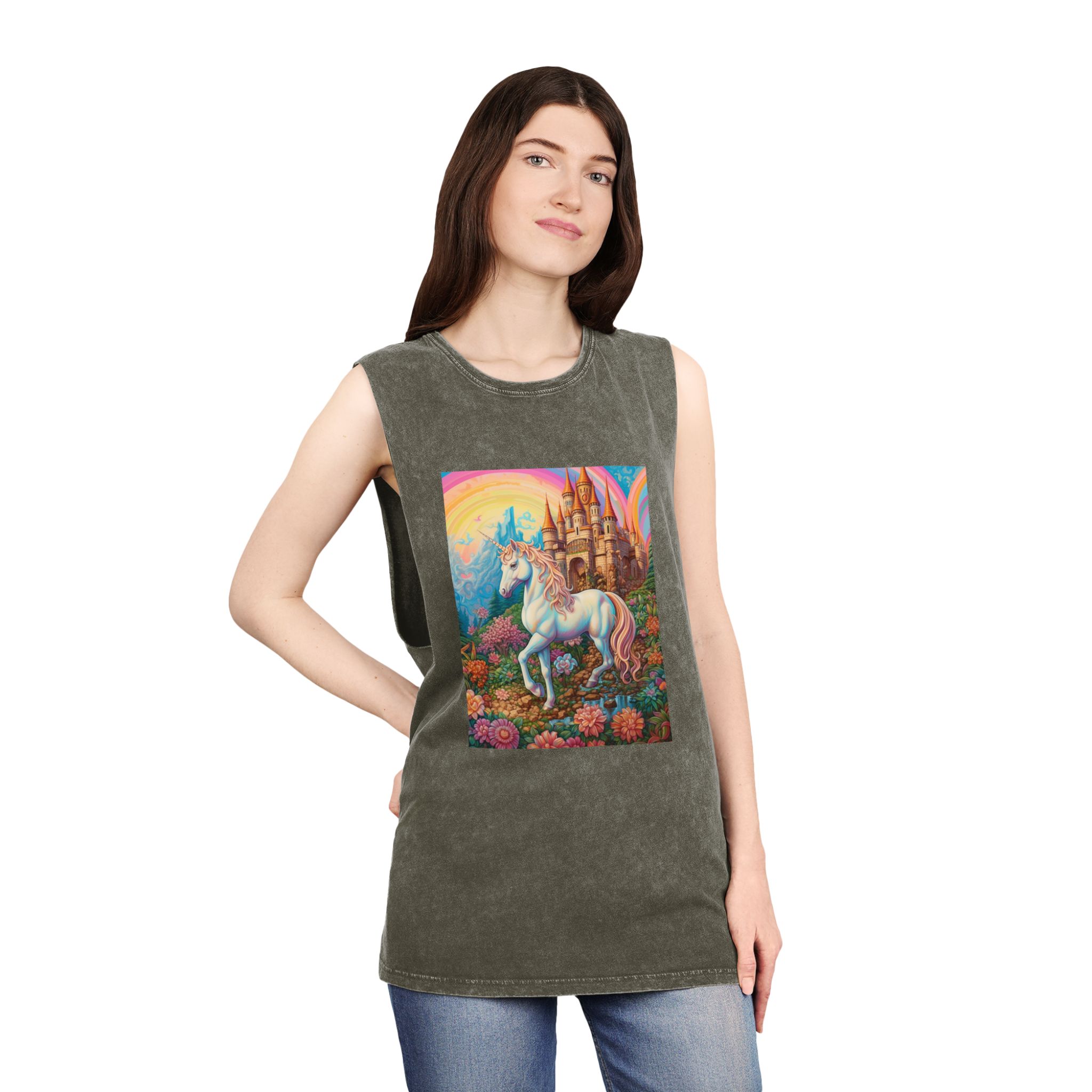 Painting Unicorn Fantasy Setting With Castle Background Generative Ai Copy Unisex Stonewash Tank Top - Image 8