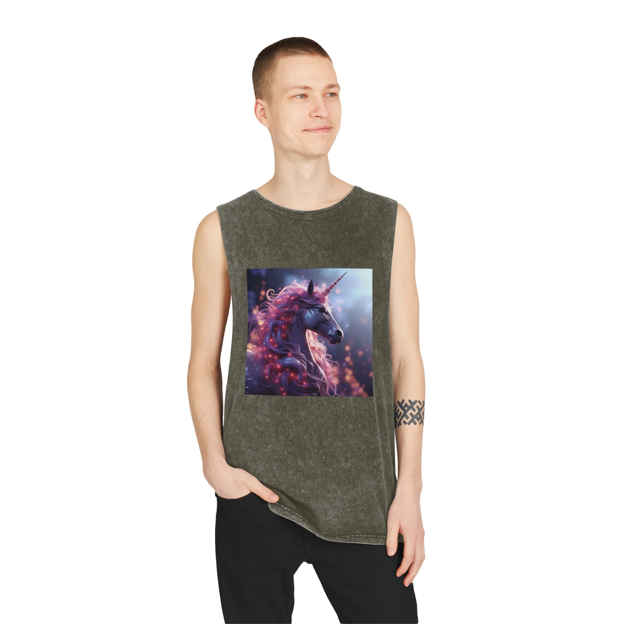 Pink 3d Mythical Unicorn With Lights Mane Unisex Stonewash Tank Top - Image 7