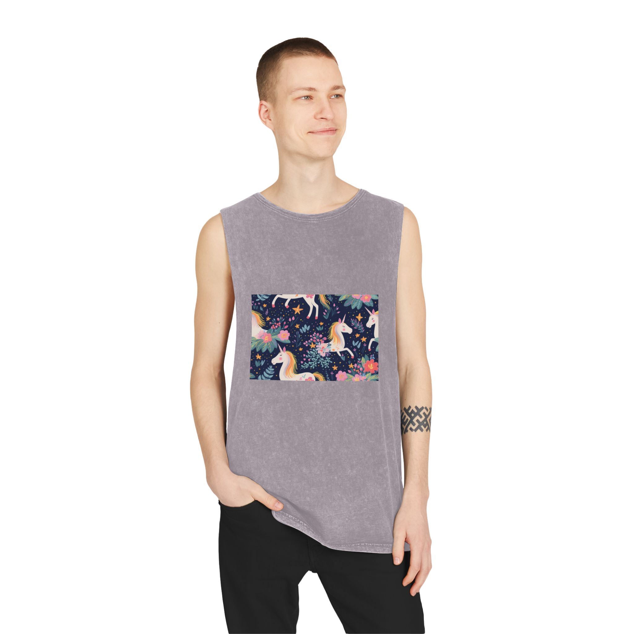 Close Up Pattern Unicorns Flowers Generative Ai Unisex Stonewash Tank Top - Image 19