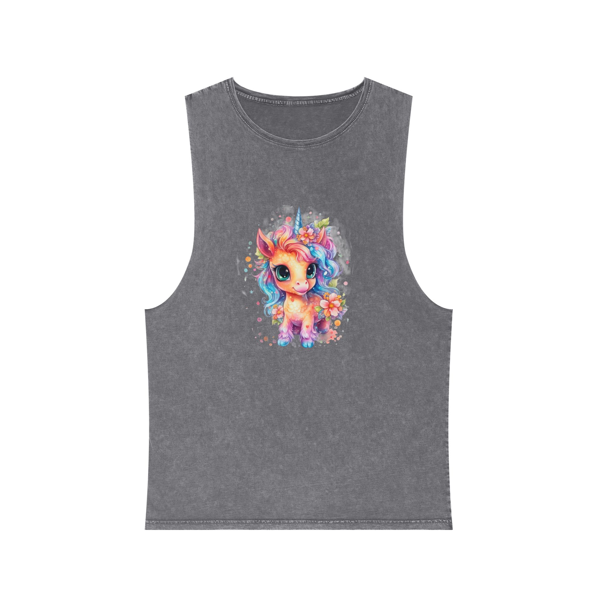 Cute Colorful Magic Unicorn With Flowers Watercolor Style (1) Copia Unisex Stonewash Tank Top - Image 9