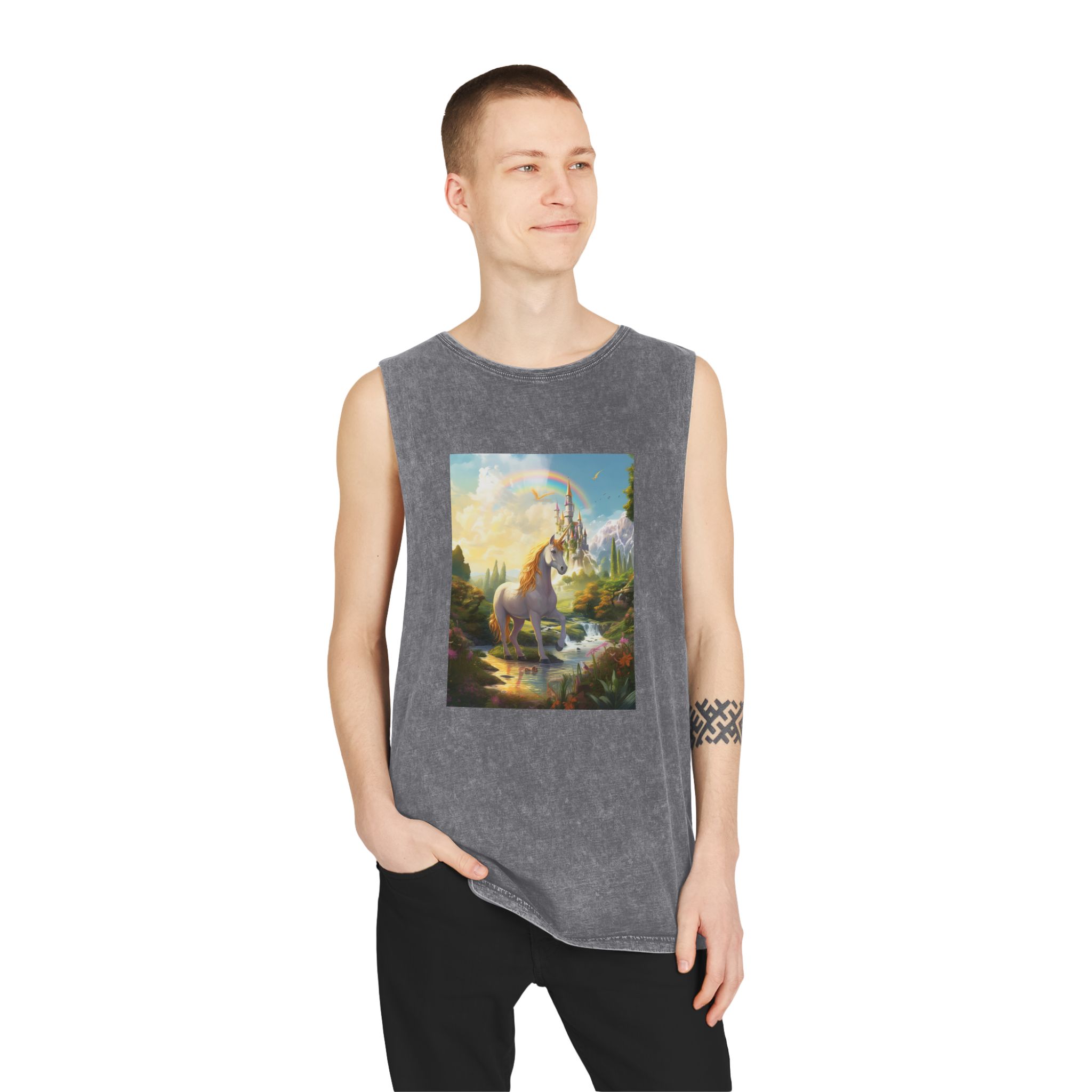 Painting Unicorn Fantasy Setting With Castle Background Generative Ai Unisex Stonewash Tank Top - Image 11