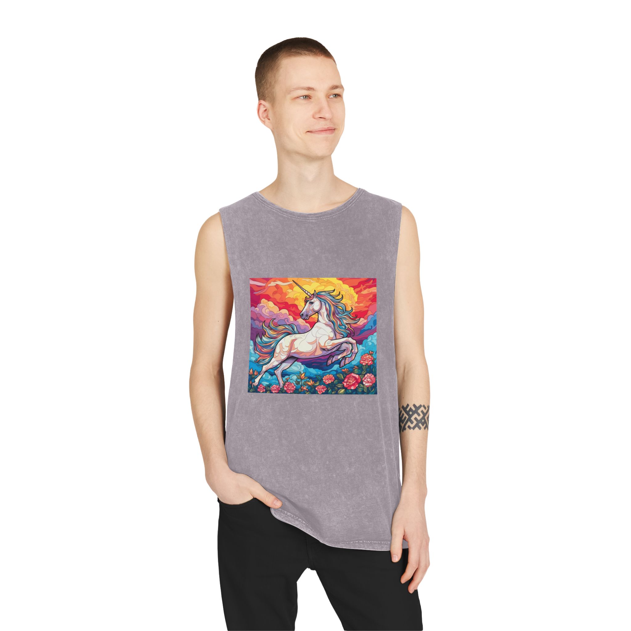 Unicorn Sky With Flowers Clouds Generative Ai Unisex Stonewash Tank Top - Image 19