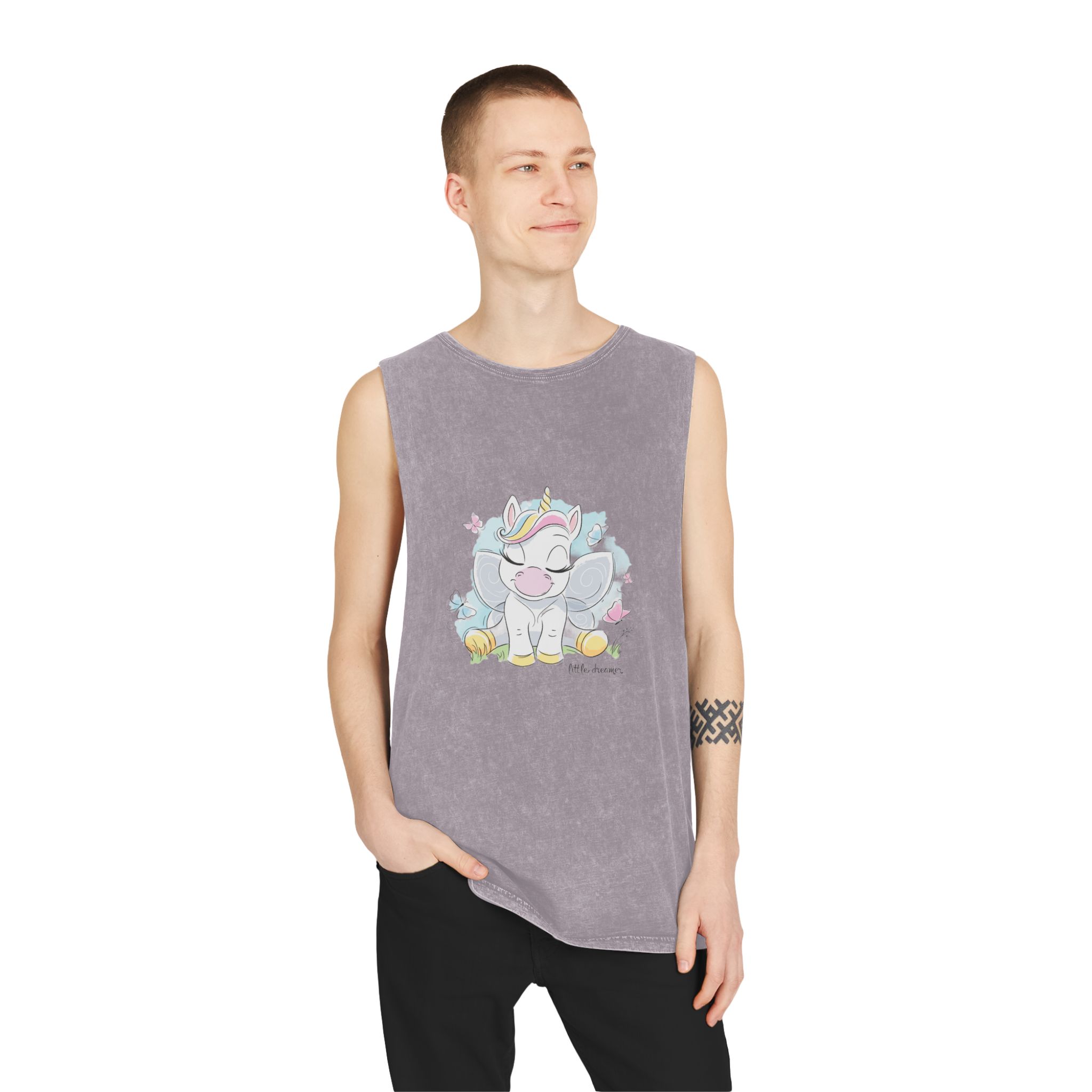 Cute Unicorn Fashion Illustration Drawing In Modern Style For Clothes Little Dreamer Text Unisex Stonewash Tank Top - Image 19