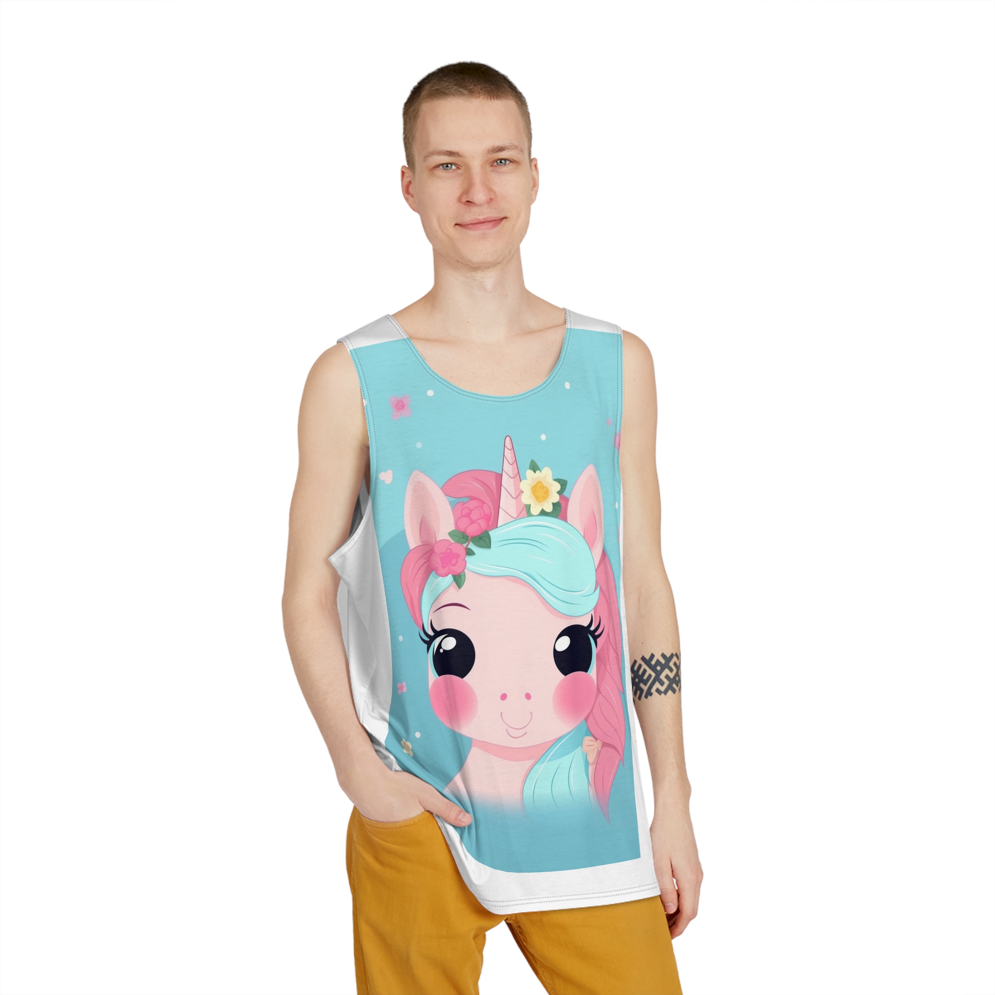 Close Up Cartoon Unicorn With Flower Crown Her Head Generative Ai Mens Tank Aop - Image 3