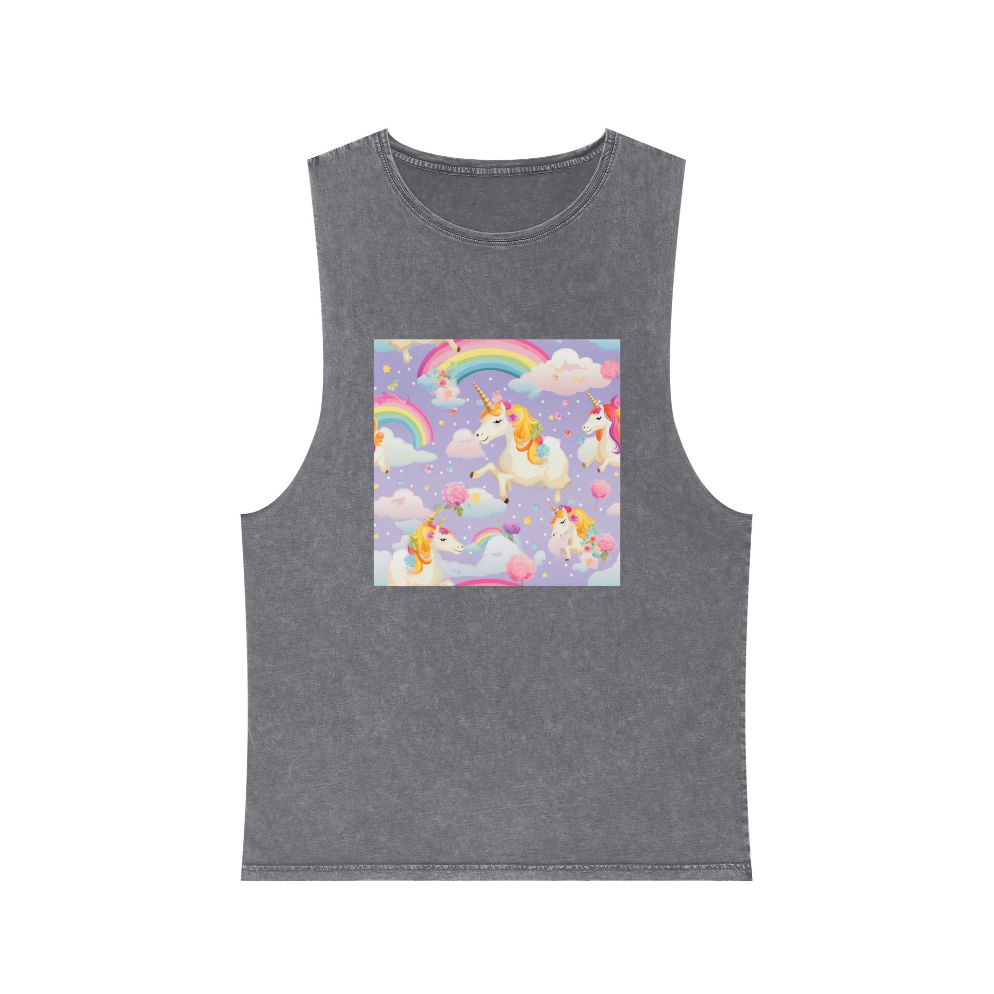 Playful Unicorns Among Flowers Clouds Rainbows Ice Creams Pastel Background (5) Unisex Stonewash Tank Top - Image 9