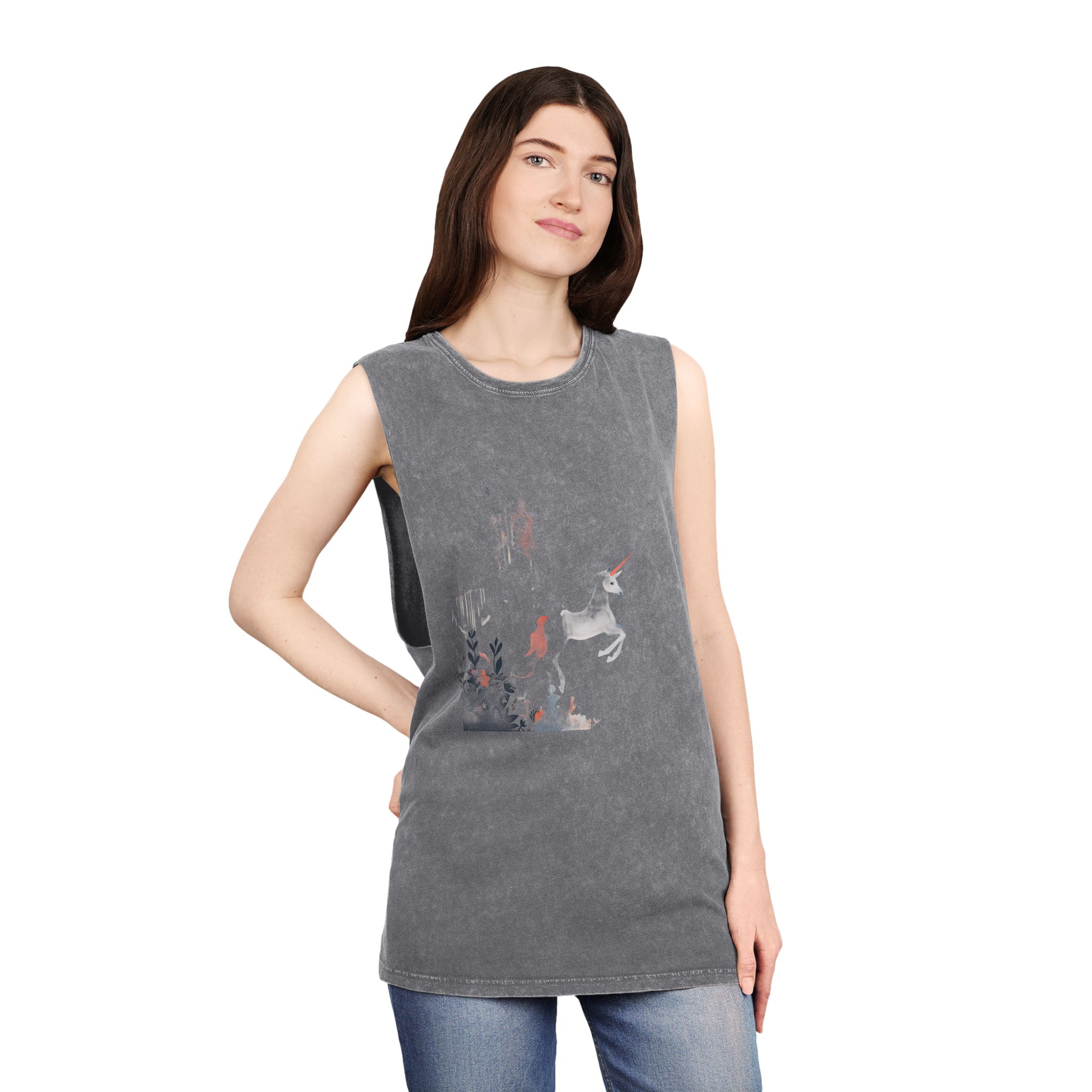 Illustration Unicorn Forest With Flowers Trees Generative Ai Unisex Stonewash Tank Top - Image 12