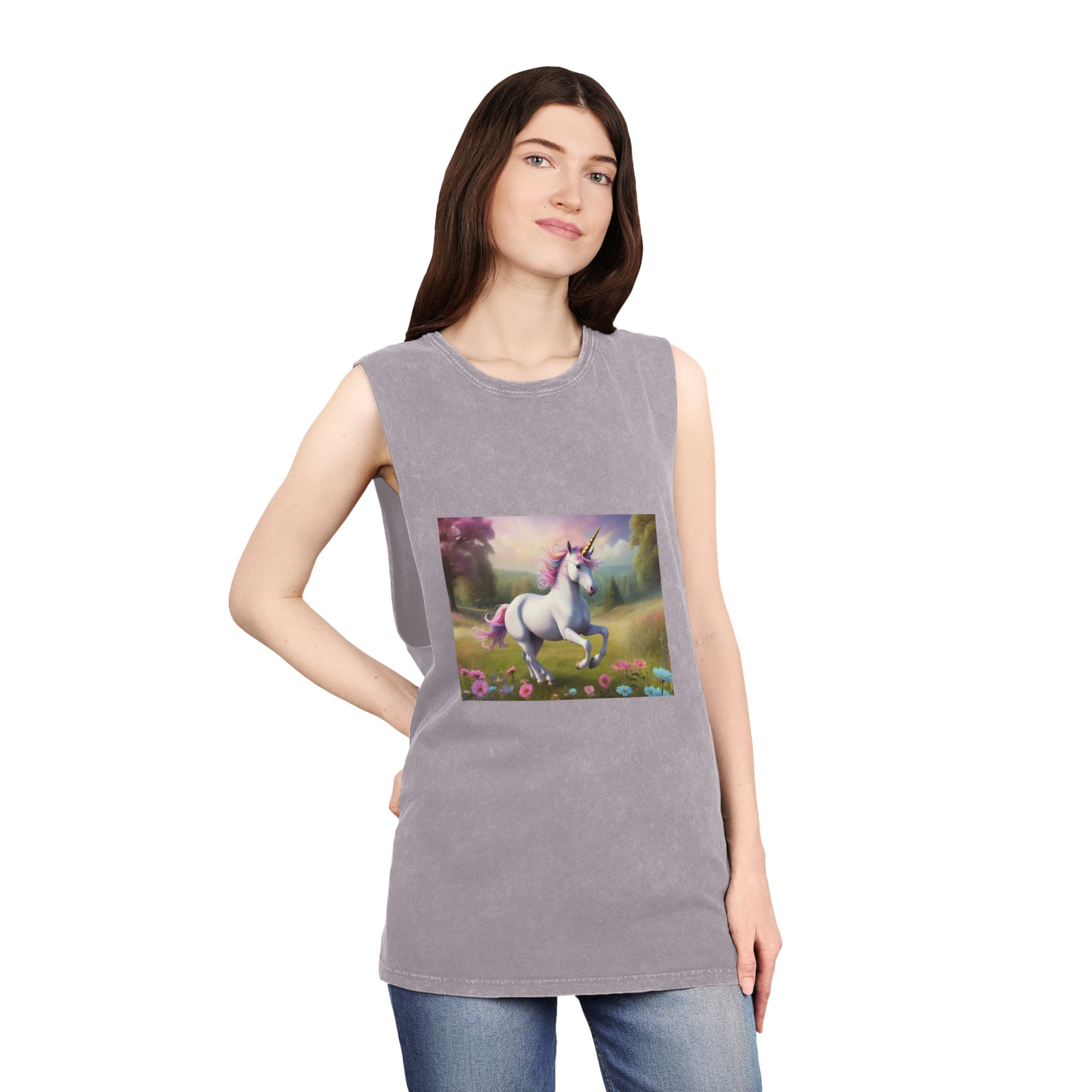 Beautiful Unicorn Running Magical Meadow Unicorn Background Images Whimsical Unicorn (85) Unisex Stonewash Tank Top - Image 20