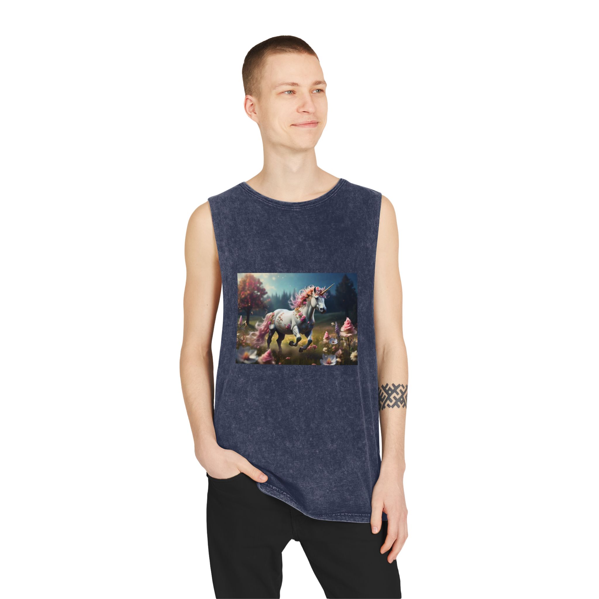 Beautiful Unicorn Running Magical Meadow Unicorn Background Images Whimsical Unicorn (38) Unisex Stonewash Tank Top - Image 15