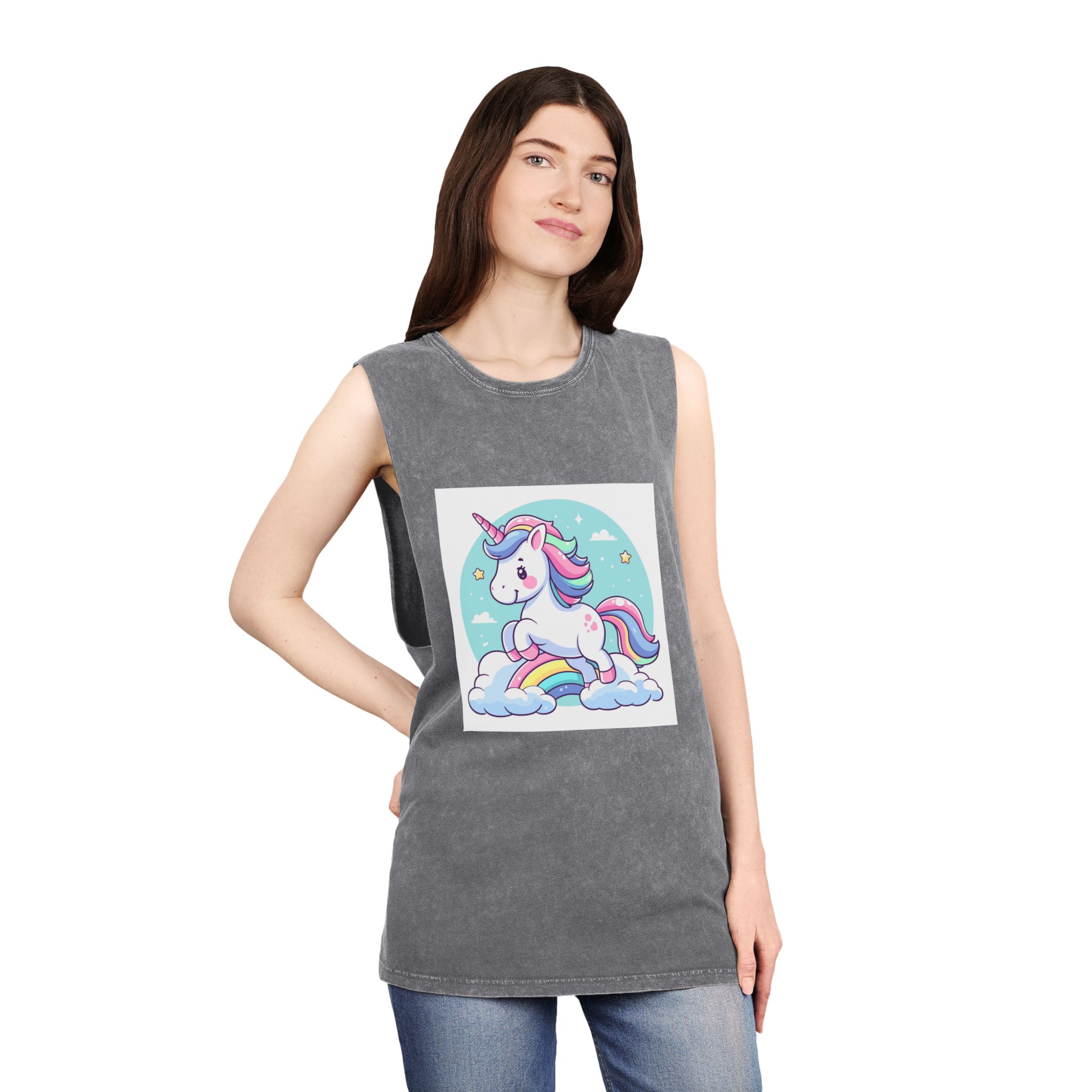 Cartoon Unicorn With Rainbow Its Tail Unisex Stonewash Tank Top - Image 12