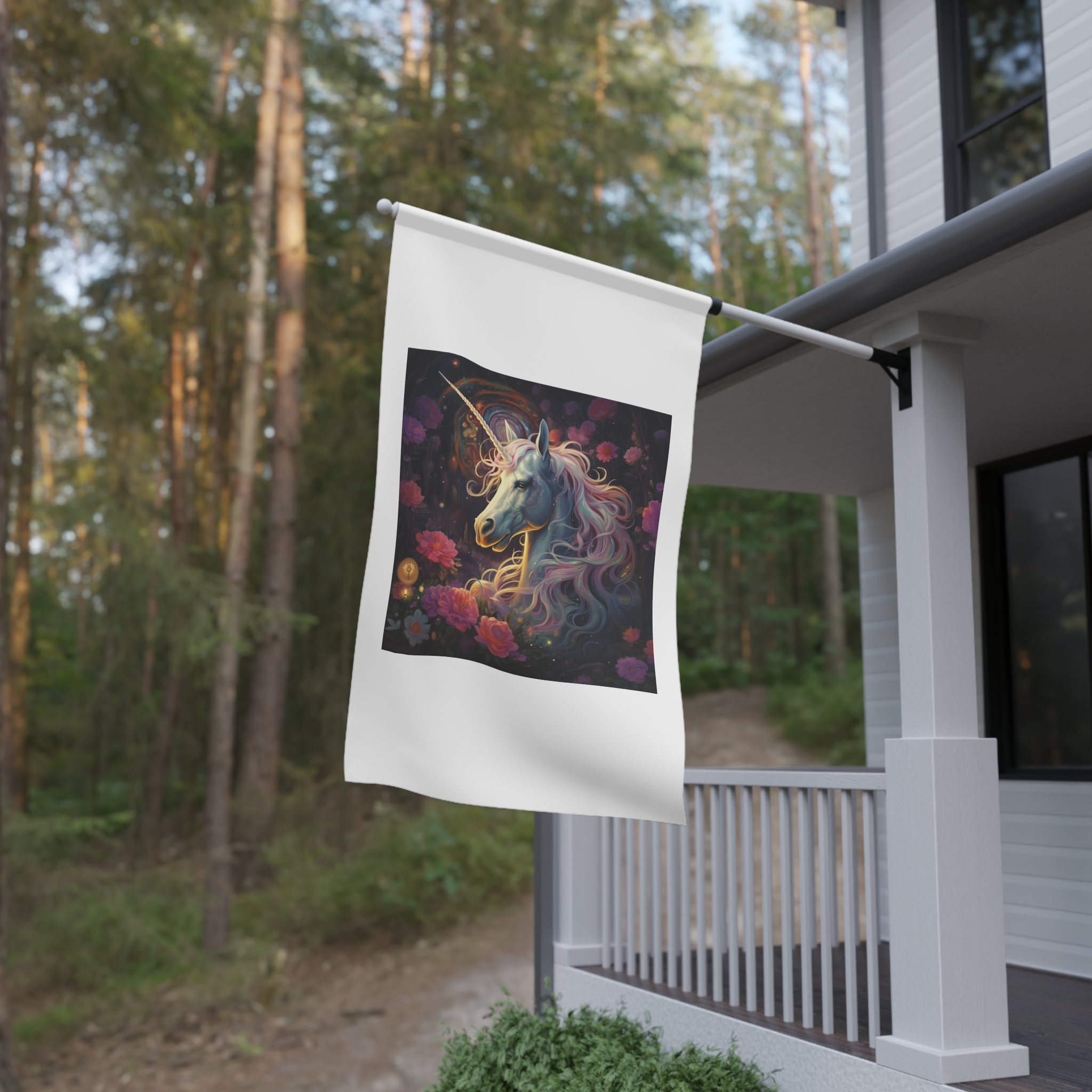Unicorn With Long Mane Flowers Dark Forest Generative Ai House Banner - Image 4