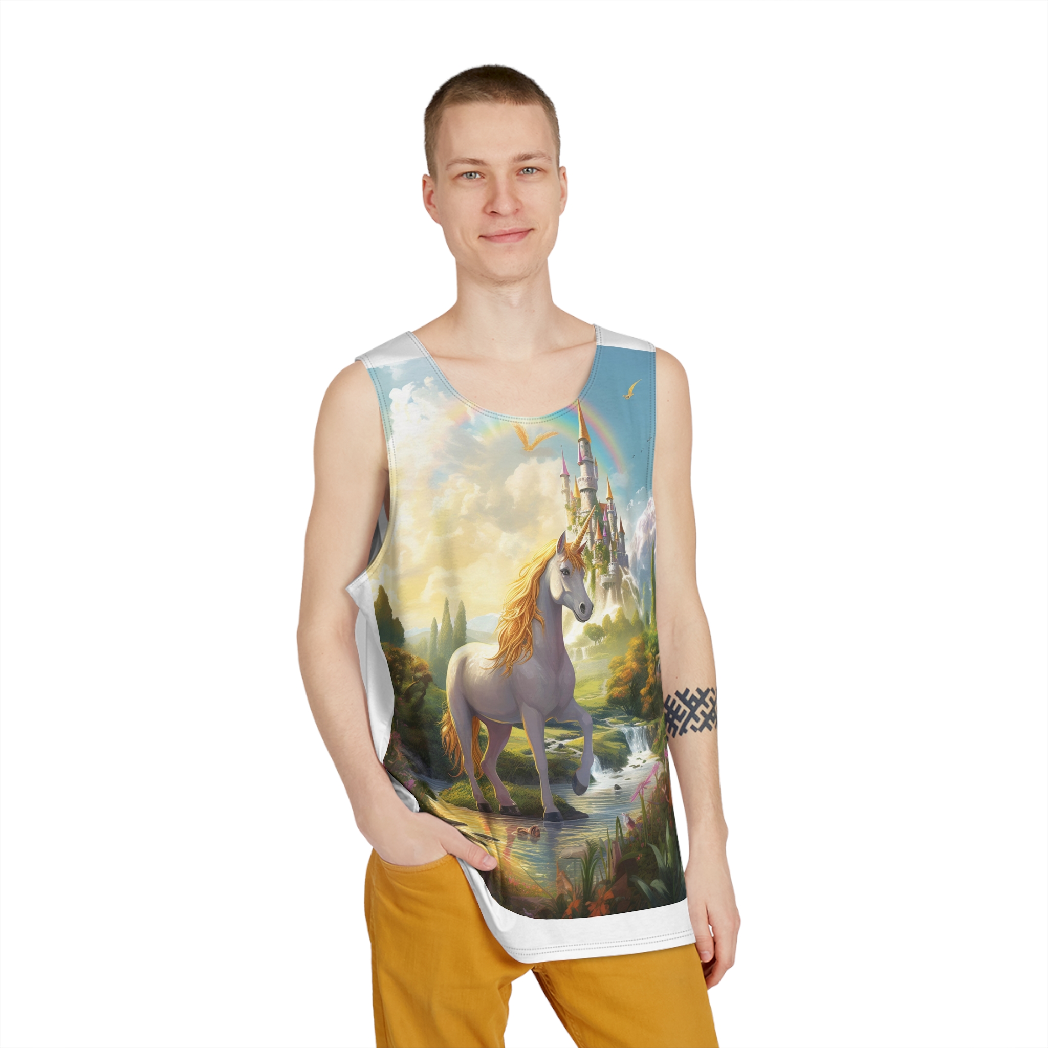 Painting Unicorn Fantasy Setting With Castle Background Generative Ai Mens Tank Aop - Image 3