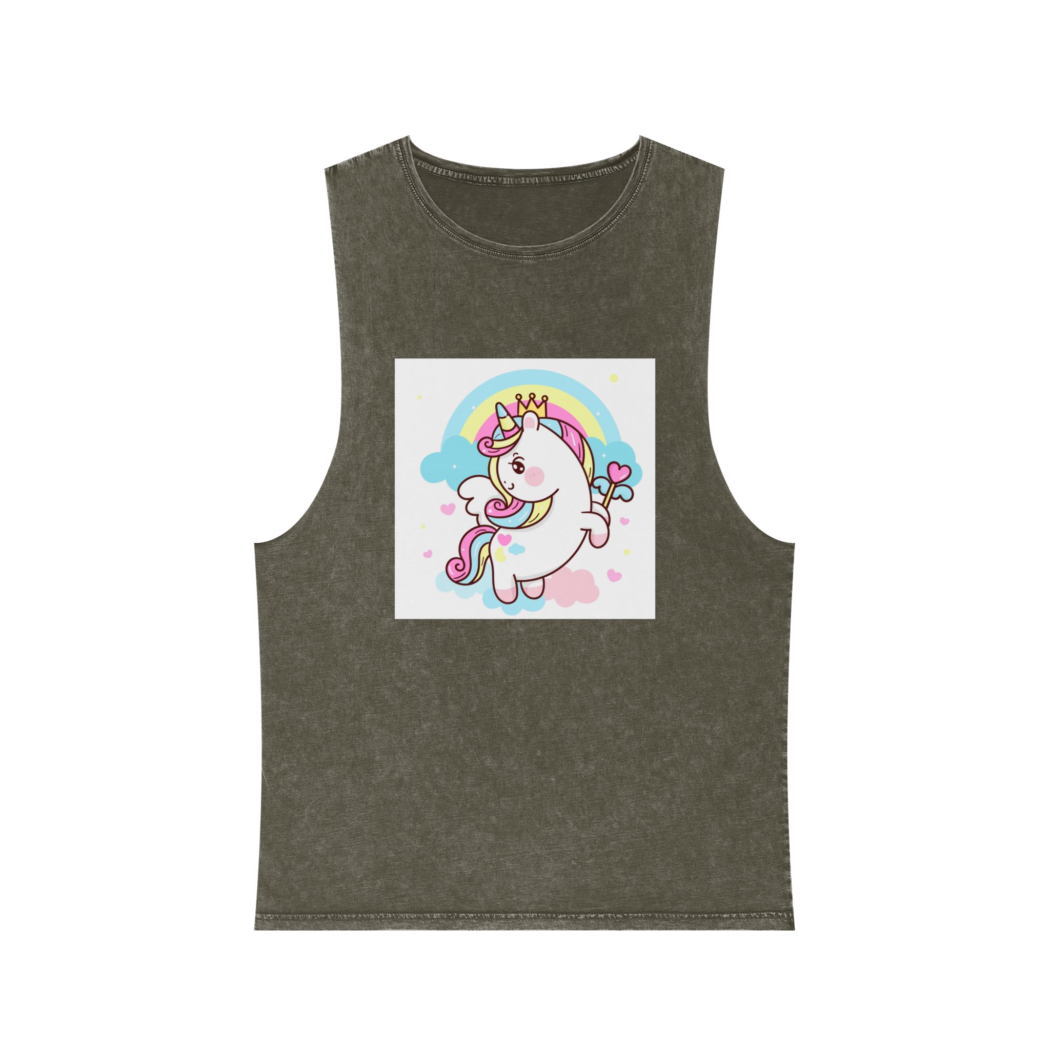 Cute Unicorn Vector Princess Pegasus Holding Heart Magic Wand On Pastel Sky With Sweet Cloud and Heart Pony Cartoon Kawaii Animals Background Unisex Stonewash Tank Top - Image 5