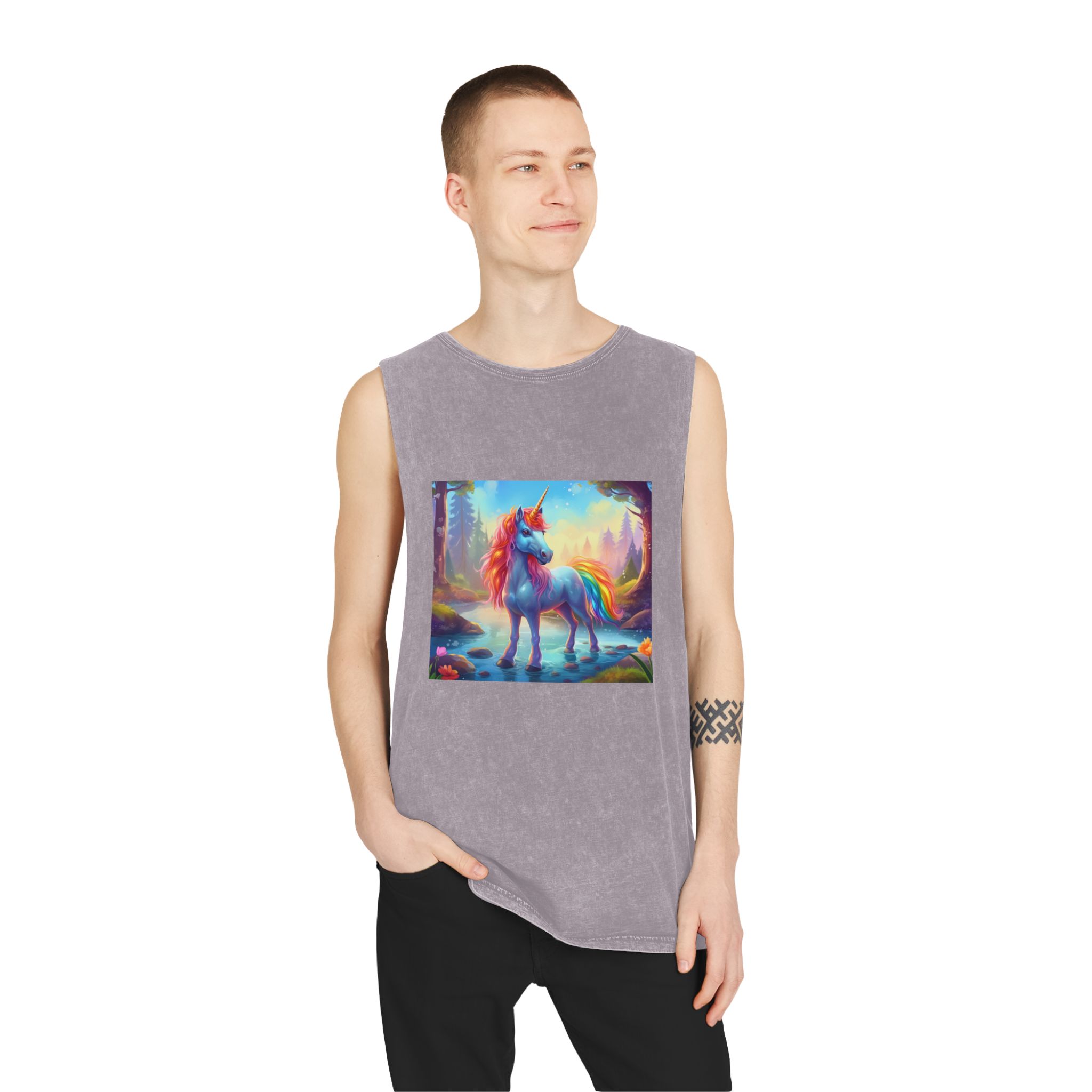 Unicorn Standing Stream Water Forest Generative Ai Unisex Stonewash Tank Top - Image 19