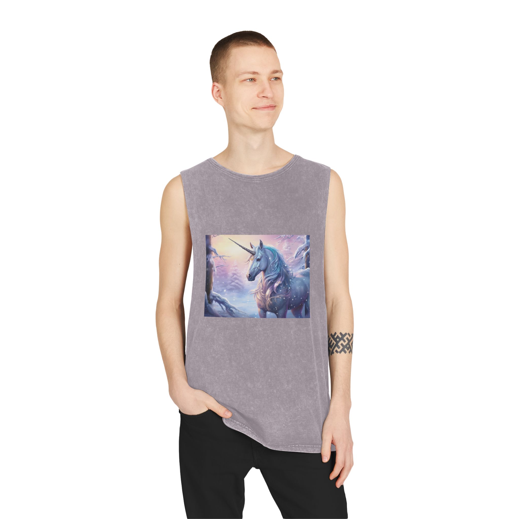 Unicorn Snow With Pink Sky Background Generative Ai Unisex Stonewash Tank Top - Image 19