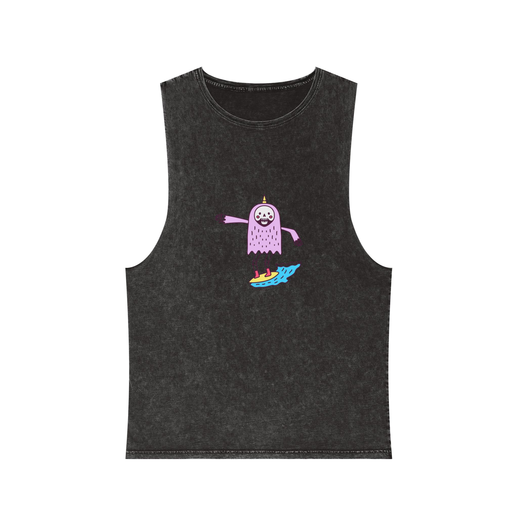 Cute Unicorn Grim Reaper Surfing Illustration T Shirt Sticker Apparel Merchandise Unisex Stonewash Tank Top