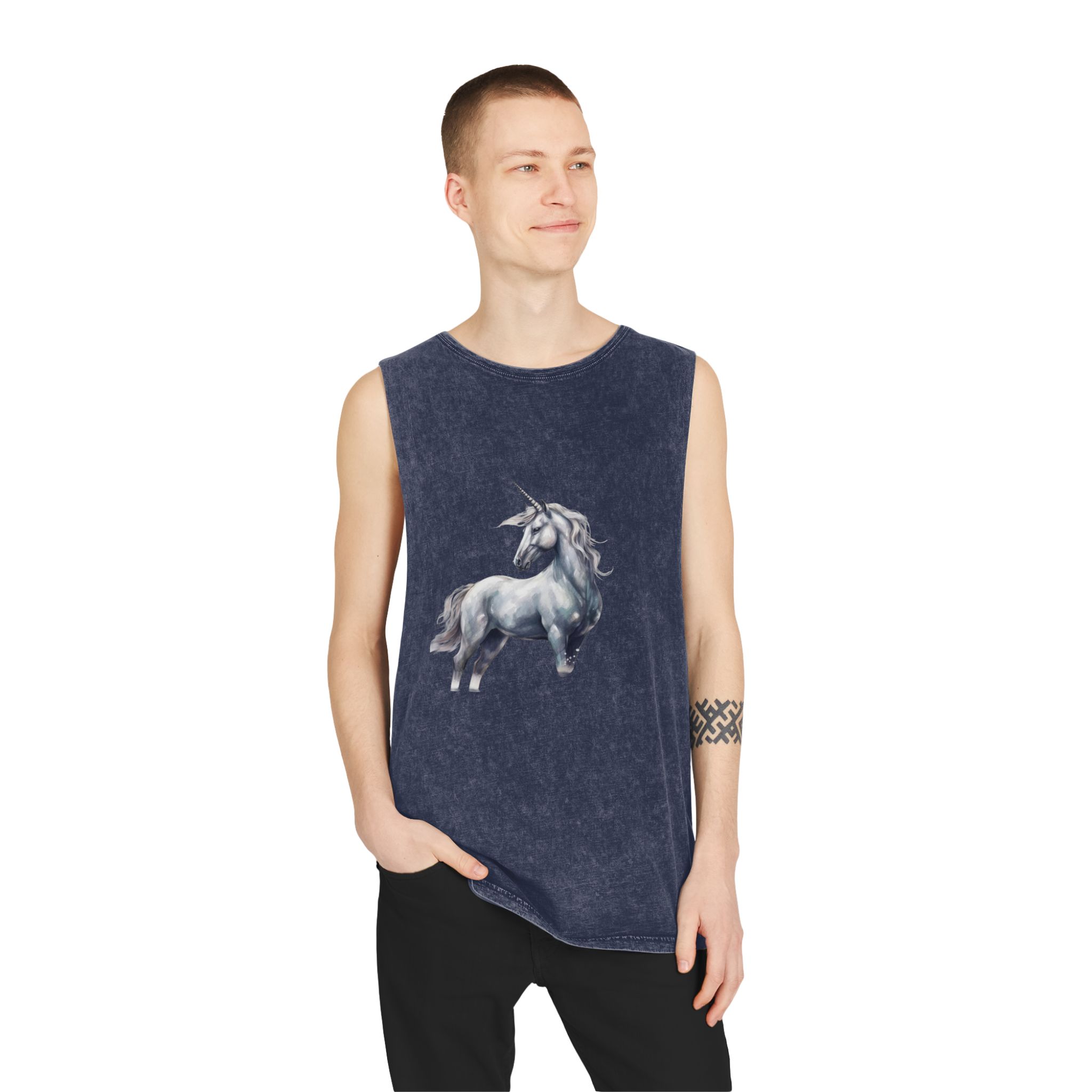 Painting White Unicorn With Long Horn Standing Snow Generative Ai Unisex Stonewash Tank Top - Image 15