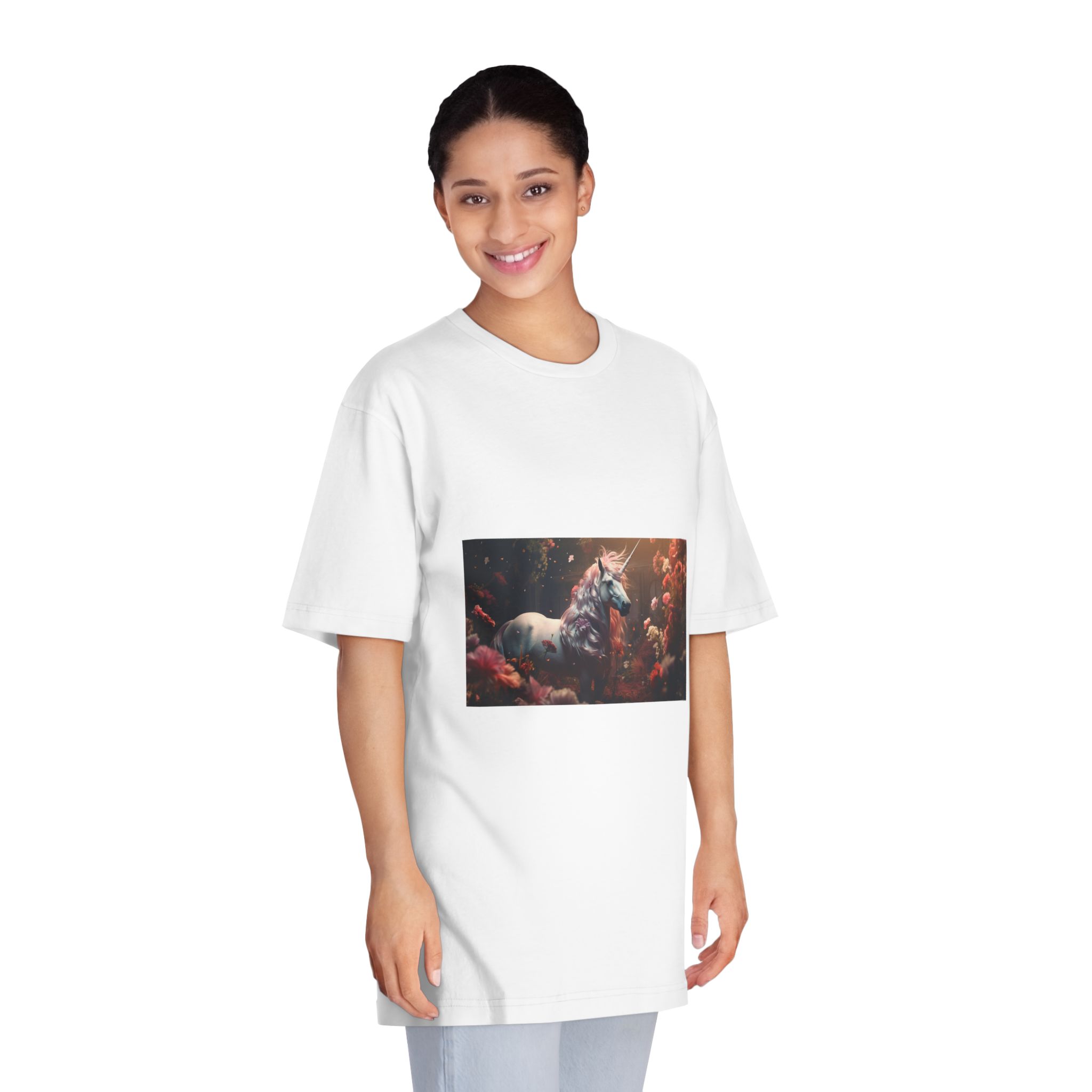 Unicorn With Long Mane Standing Field Flowers Generative Ai Unisex Classic Crewneck T Shirt - Image 3