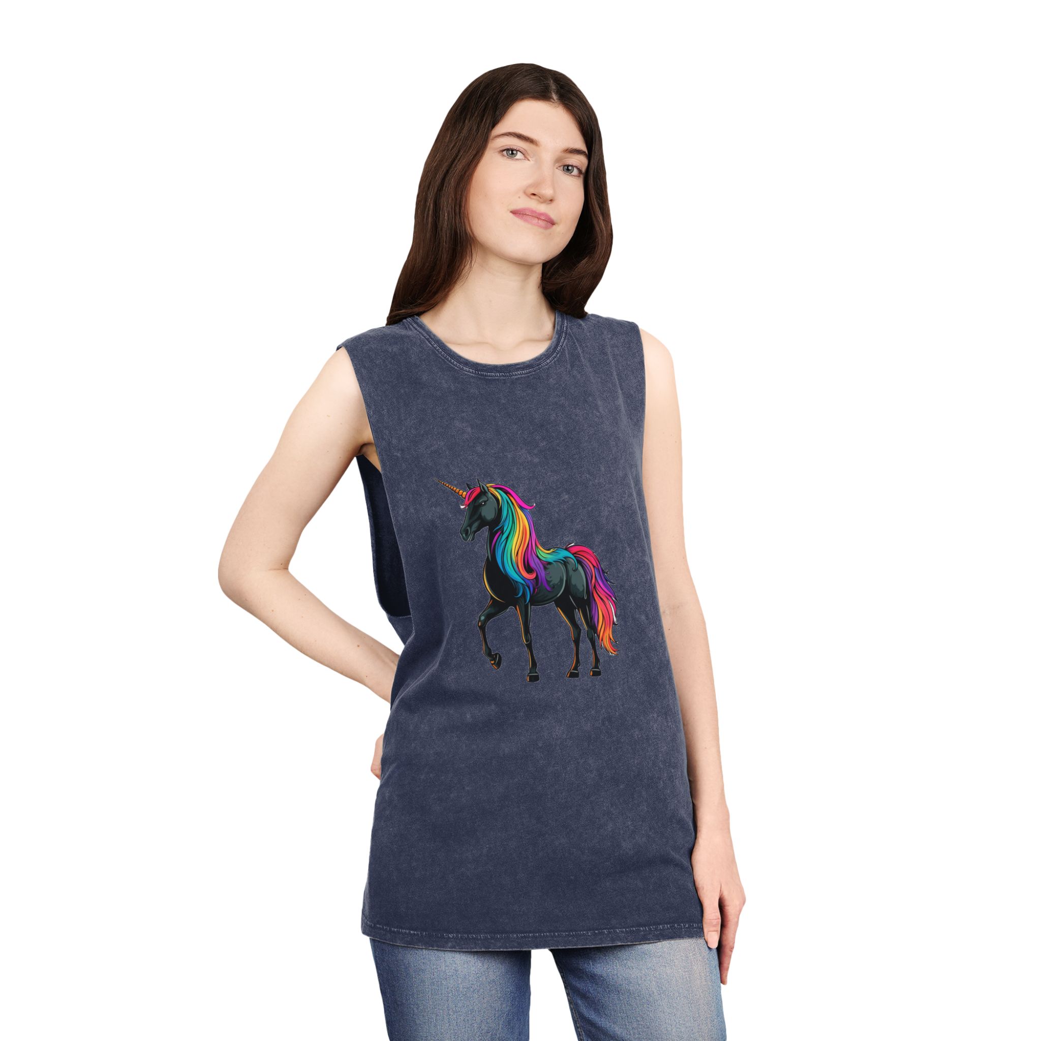 Cartoon Unicorn With Rainbow Mane Horn Generative Ai Unisex Stonewash Tank Top - Image 16