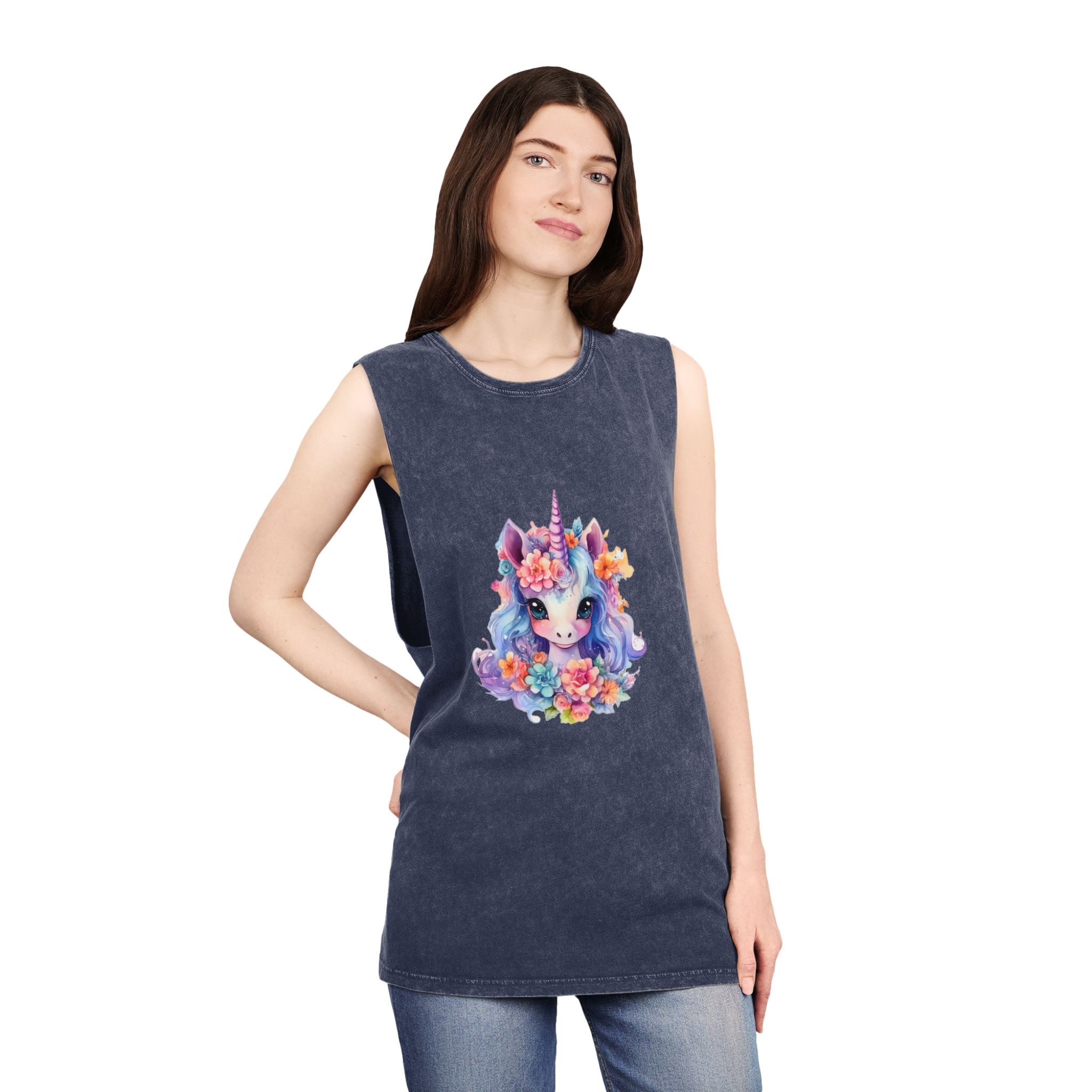 Cute Colorful Magic Unicorn With Flowers Watercolor Style (9) Unisex Stonewash Tank Top - Image 16