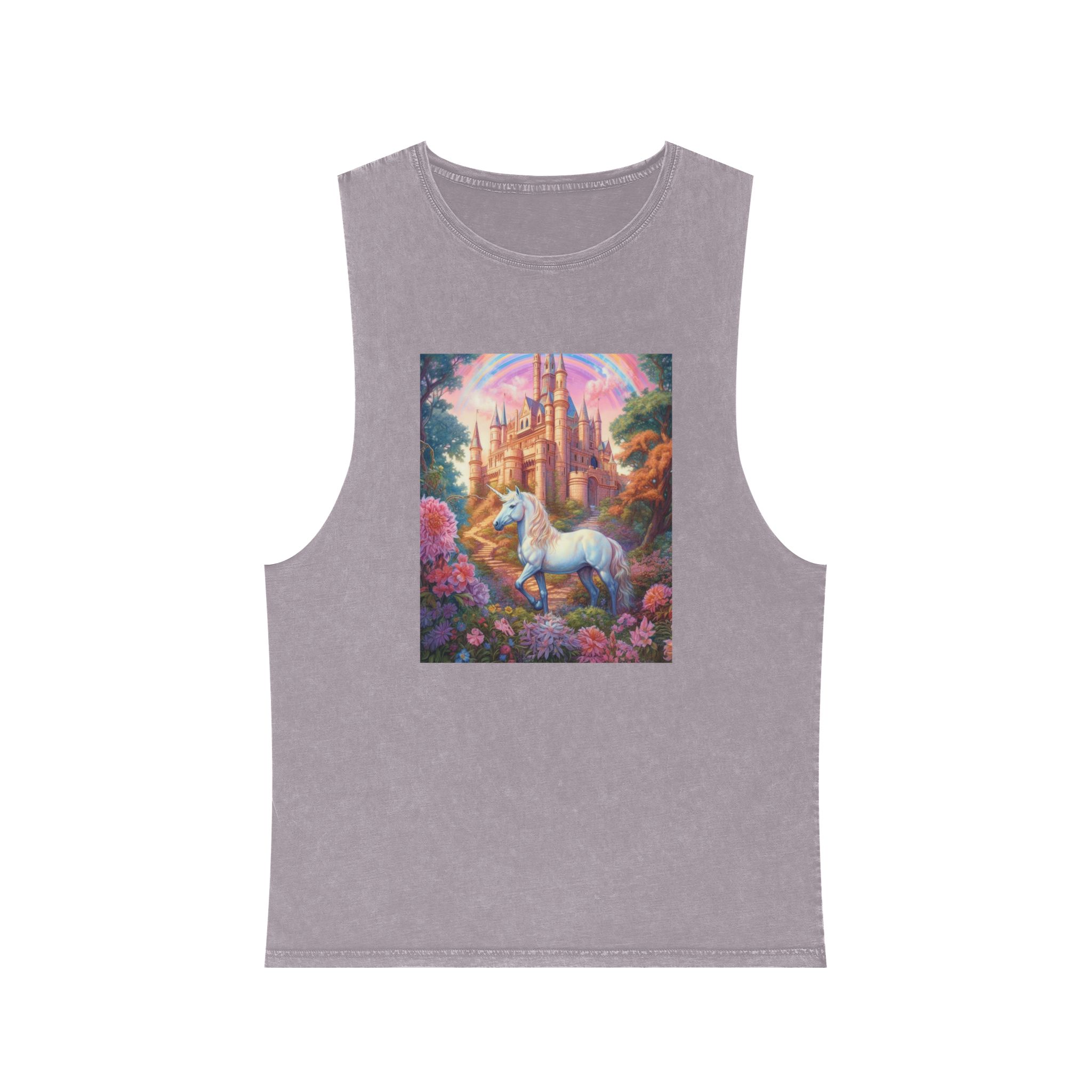 Painting Unicorn Front Castle With Rainbow Generative Ai Unisex Stonewash Tank Top - Image 17