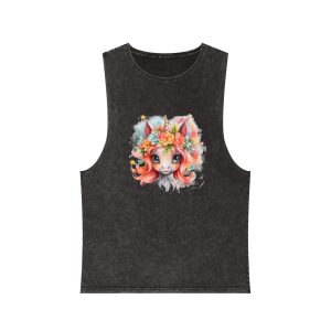 Cute Colorful Magic Unicorn With Flowers Watercolor Style (13) Unisex Stonewash Tank Top