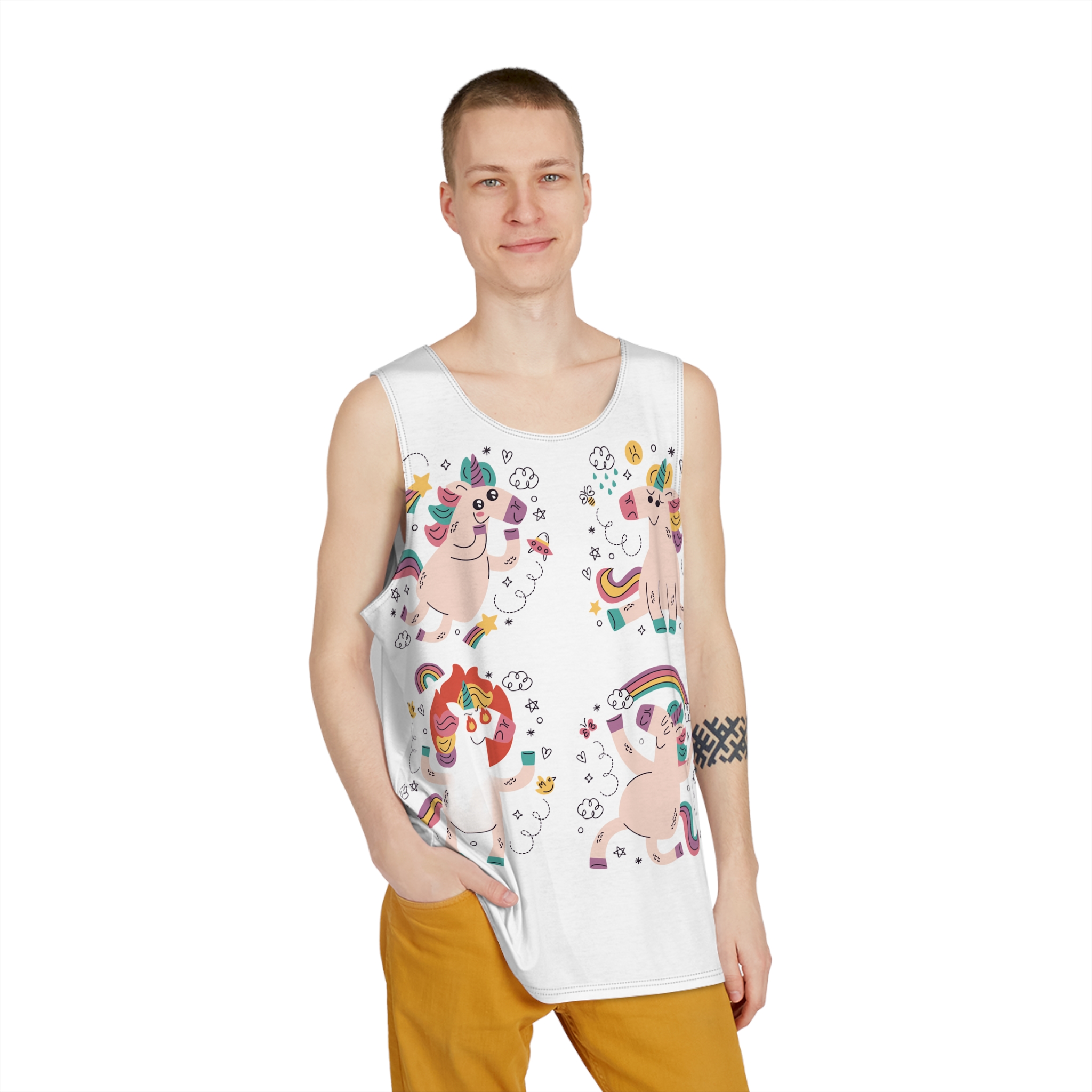 Doodle Hand Drawn Unicorn Stickers 2 Mens Tank Aop - Image 3