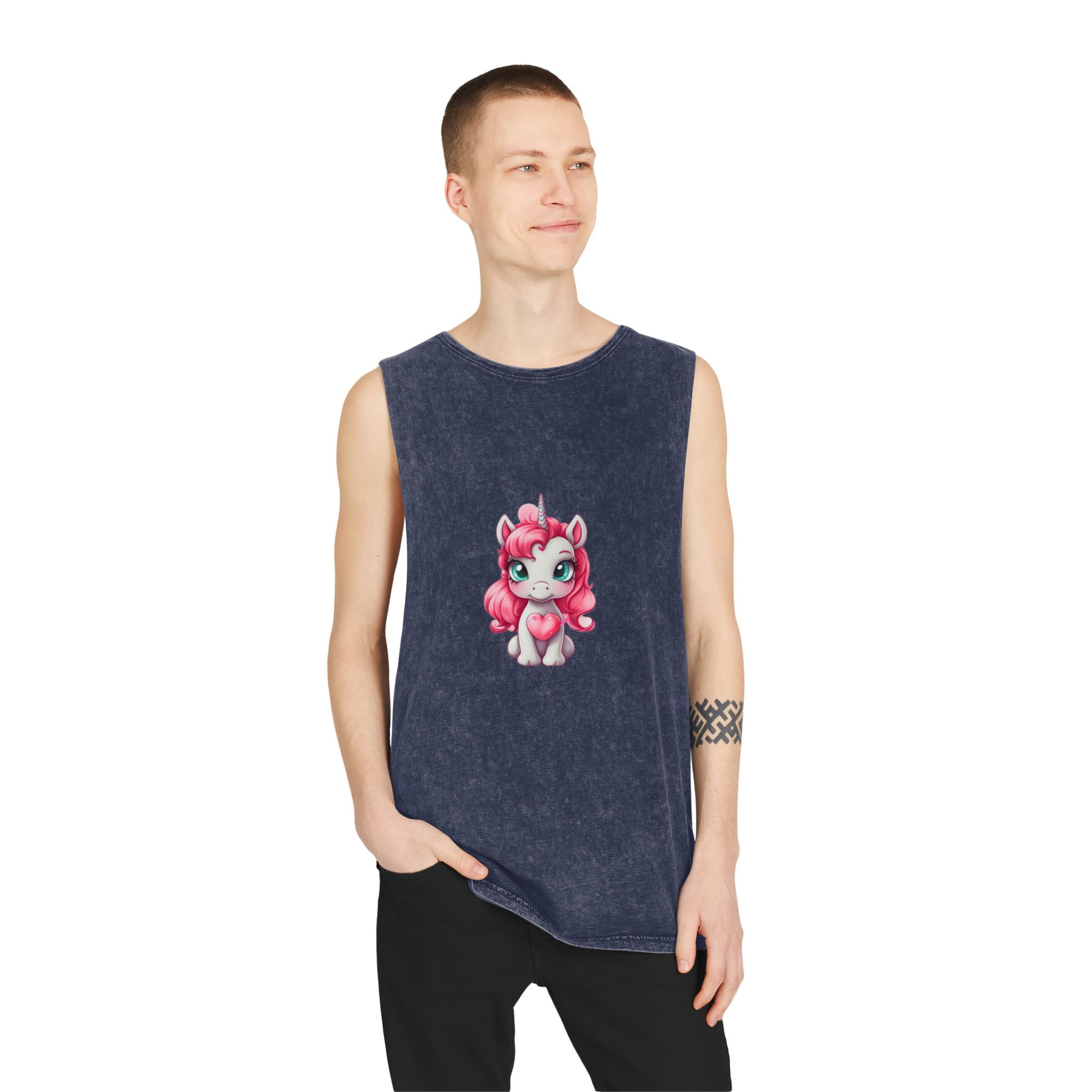 Cartoon Unicorn With Pink Hair Heart Shaped Tail Generative Ai Unisex Stonewash Tank Top - Image 15