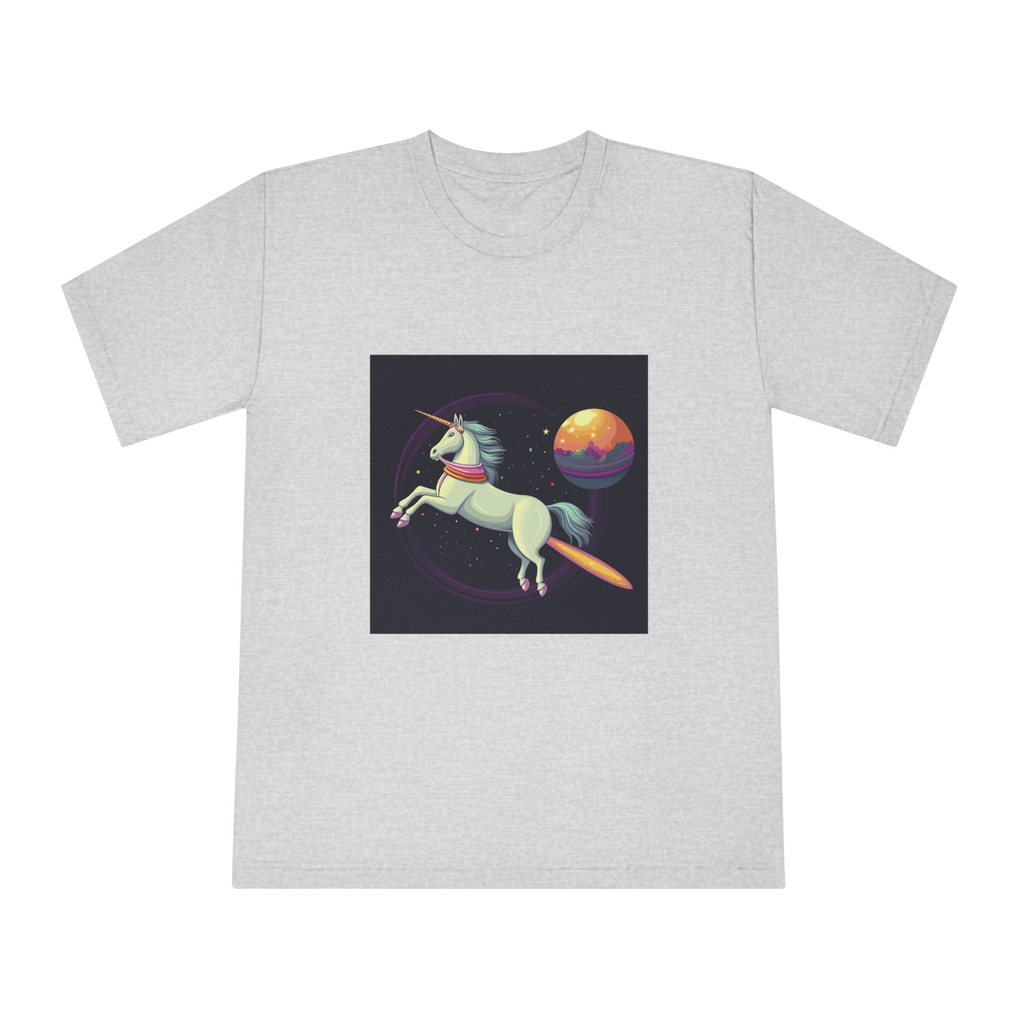 Unicorn With Long Tail Is Flying Through Circle With Moon Stars Unisex Classic Crewneck T Shirt - Image 13