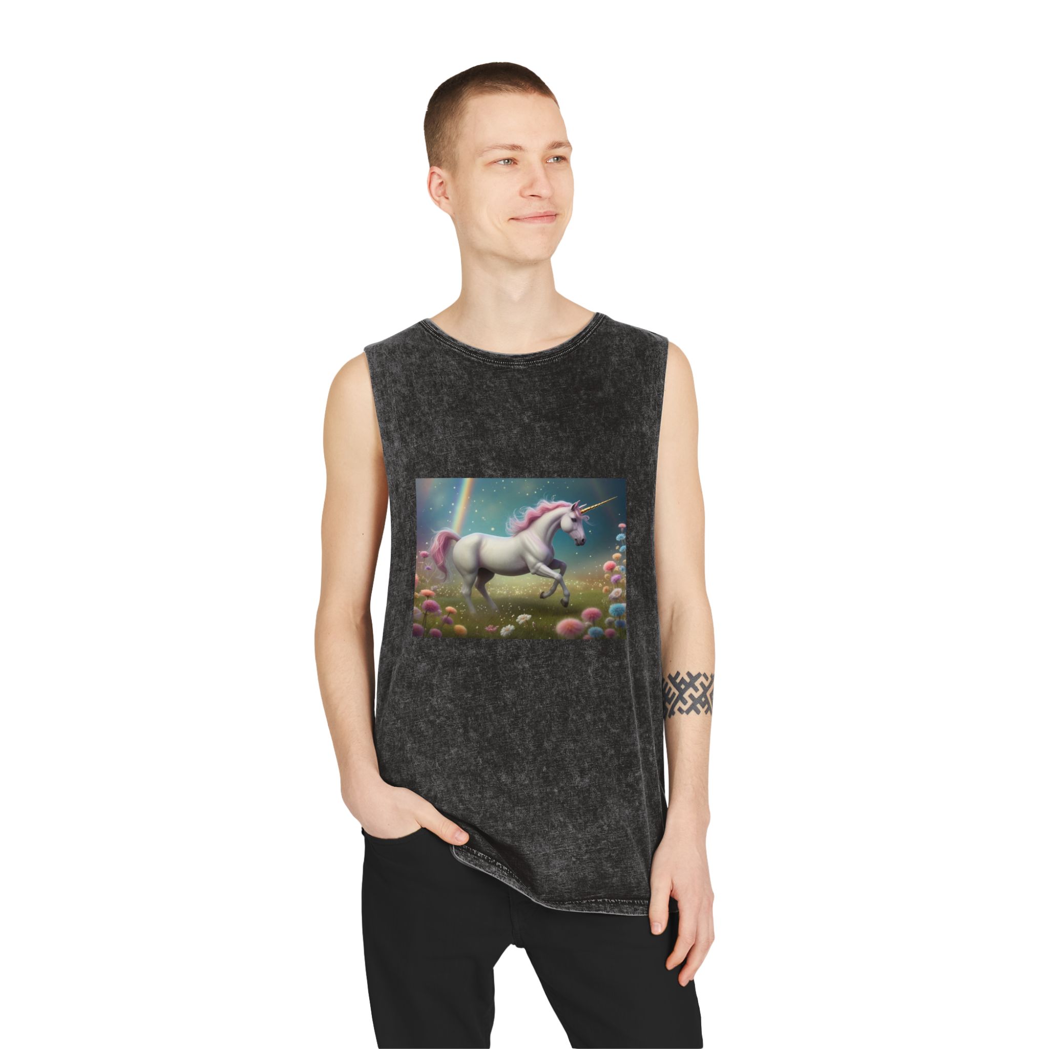 Beautiful Unicorn Running Magical Meadow Unicorn Background Images Whimsical Unicorn (15) Unisex Stonewash Tank Top - Image 3