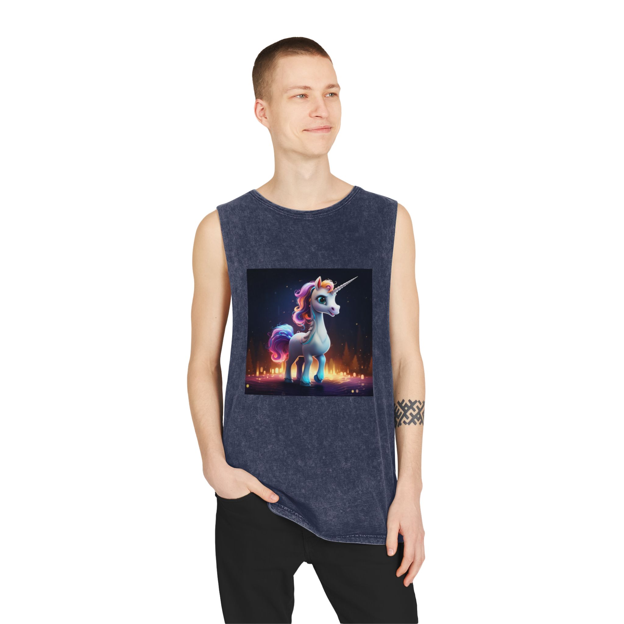Unicorn Standing Wooden Platform With City Background Generative Ai Unisex Stonewash Tank Top - Image 15