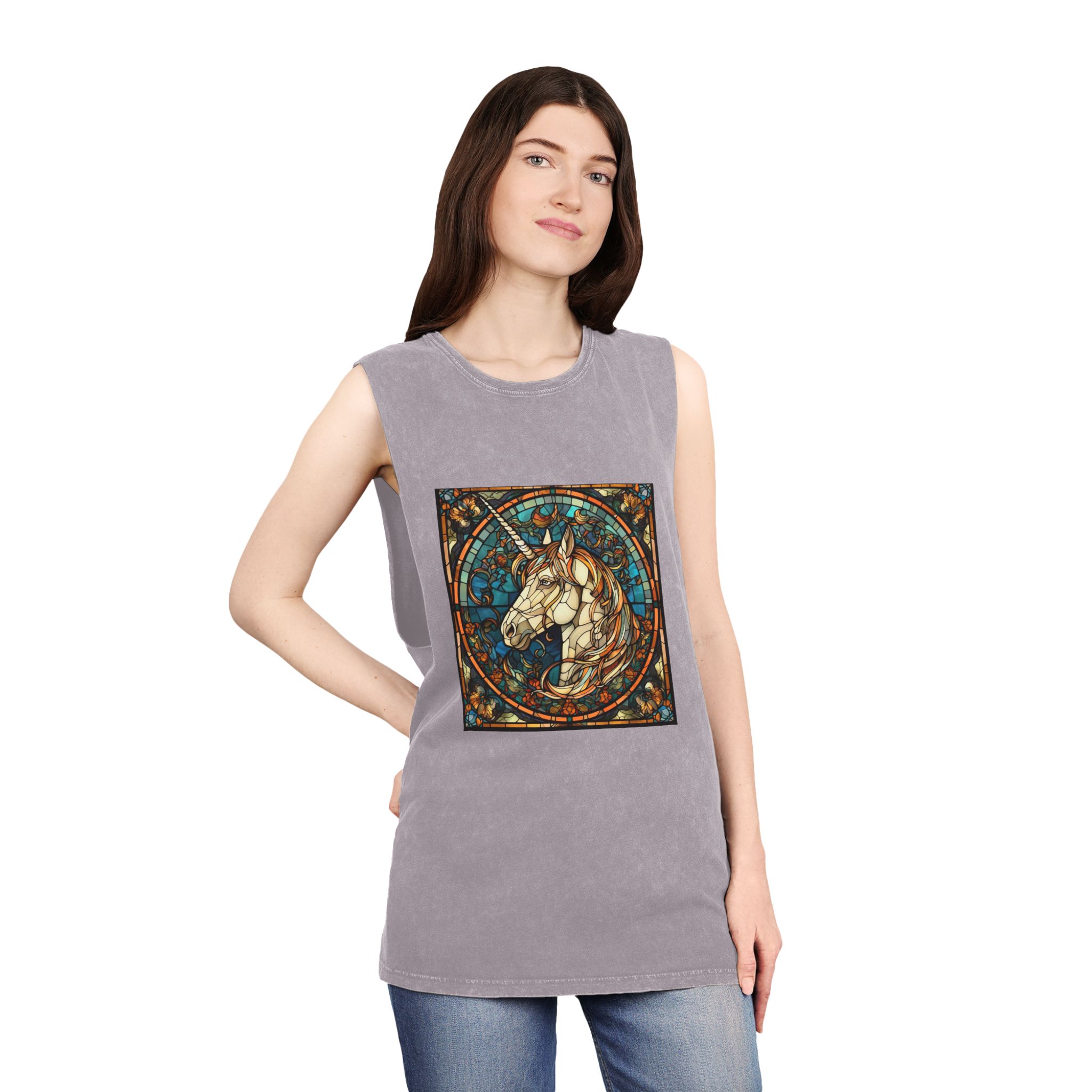 Stained Glass Unicorn Fantasy Unisex Stonewash Tank Top - Image 20