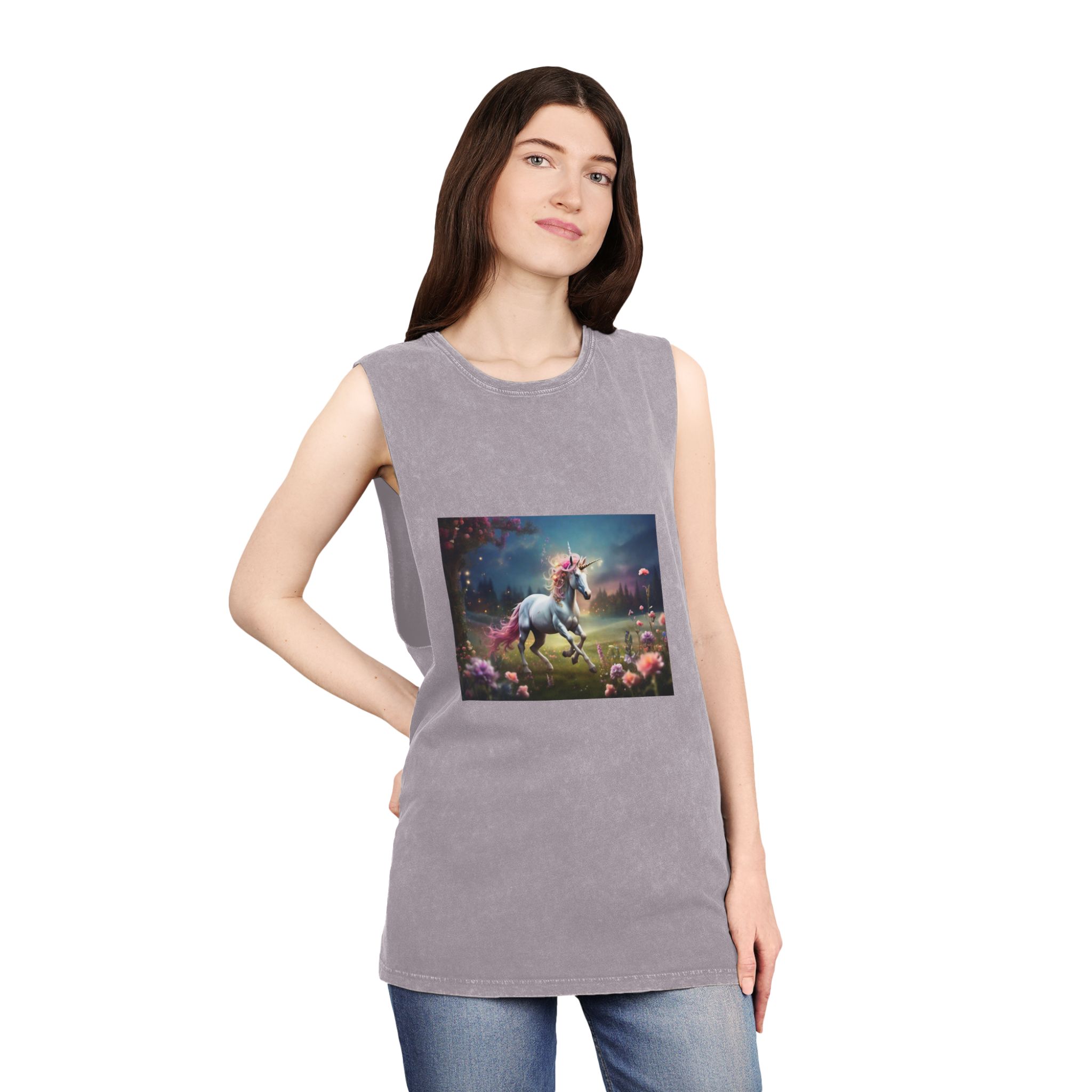 Beautiful Unicorn Running Magical Meadow Unicorn Background Images Whimsical Unicorn (36) Unisex Stonewash Tank Top - Image 20
