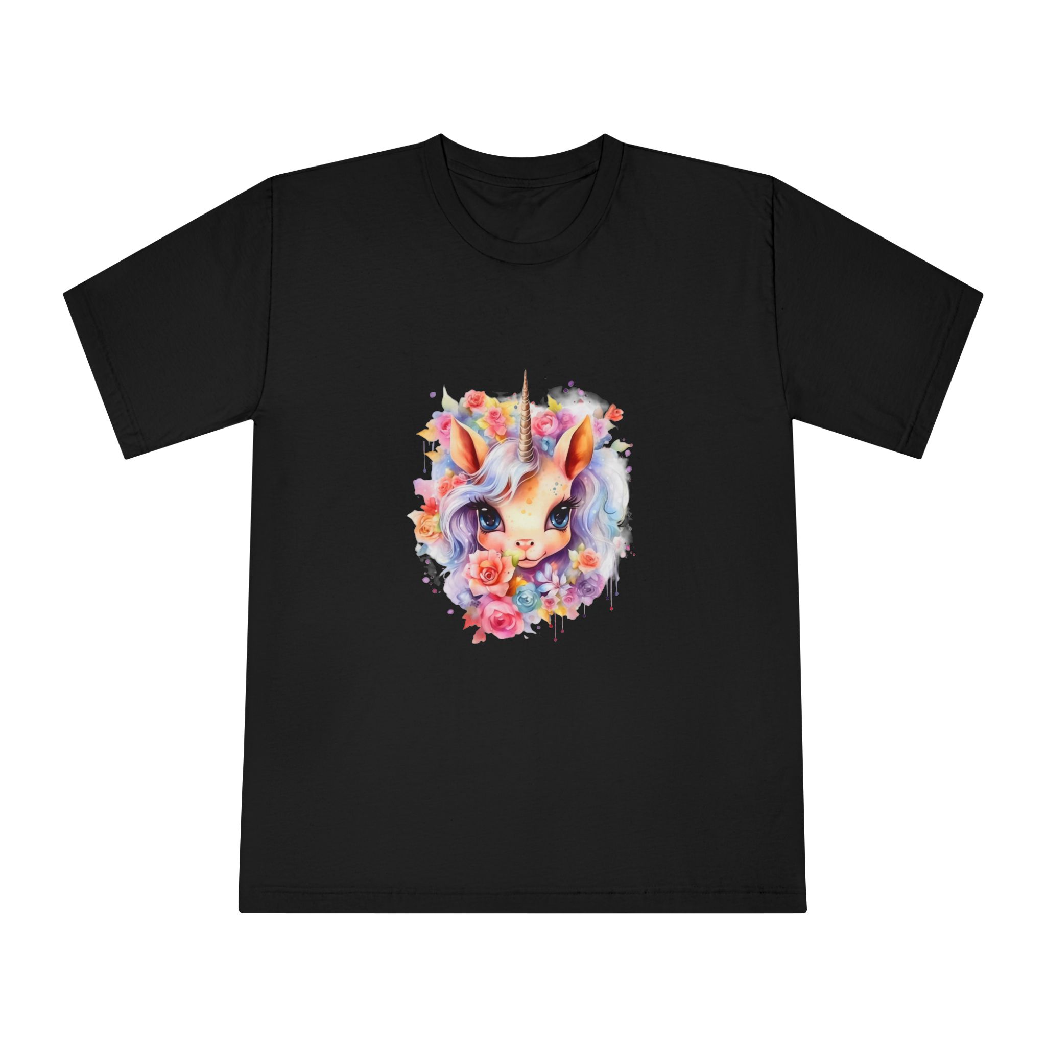 Cute Colorful Magic Unicorn With Flowers Watercolor Style (7) Unisex Classic Crewneck T Shirt - Image 5