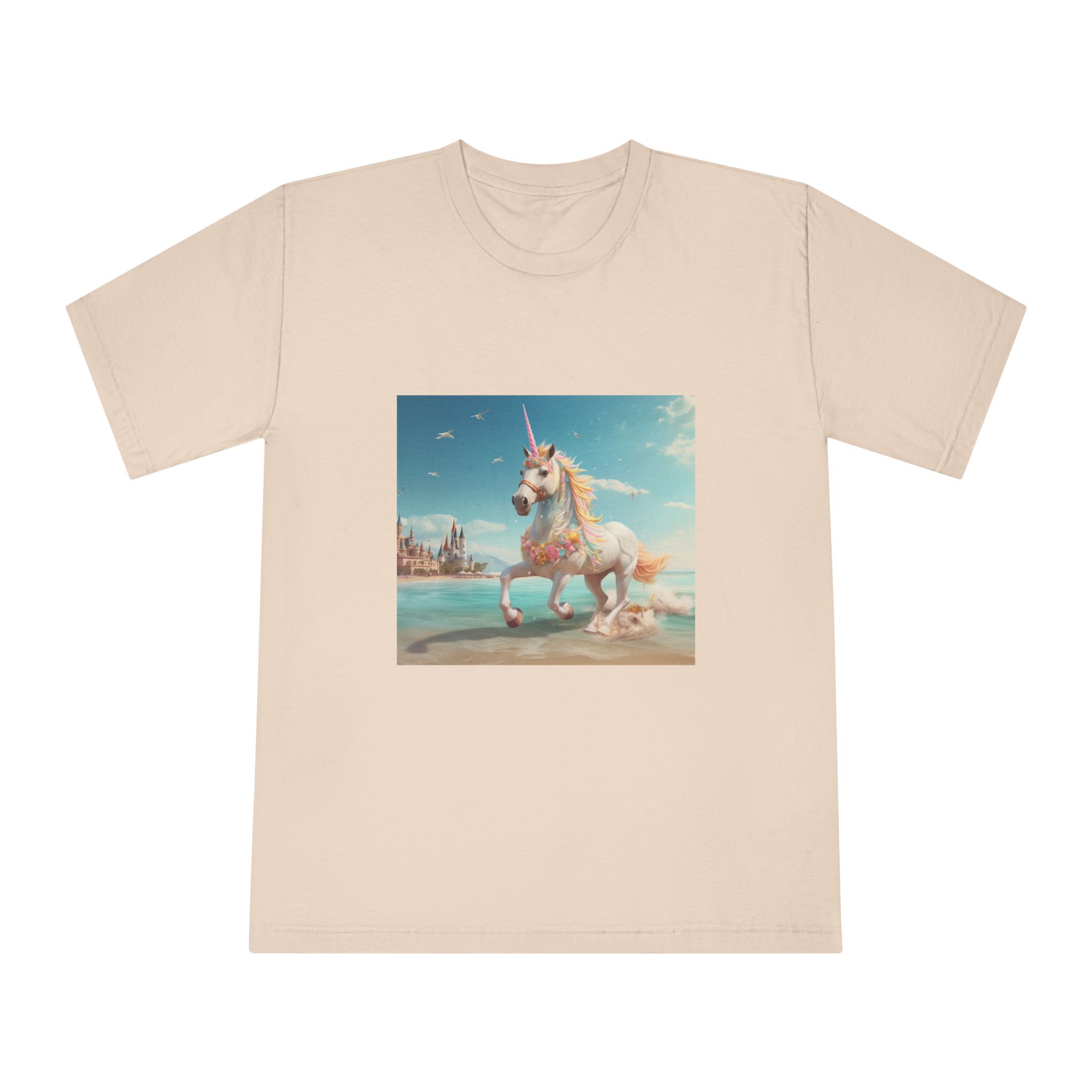 There Is Unicorn Running Beach With Castle Background Generative Ai Unisex Classic Crewneck T Shirt - Image 9