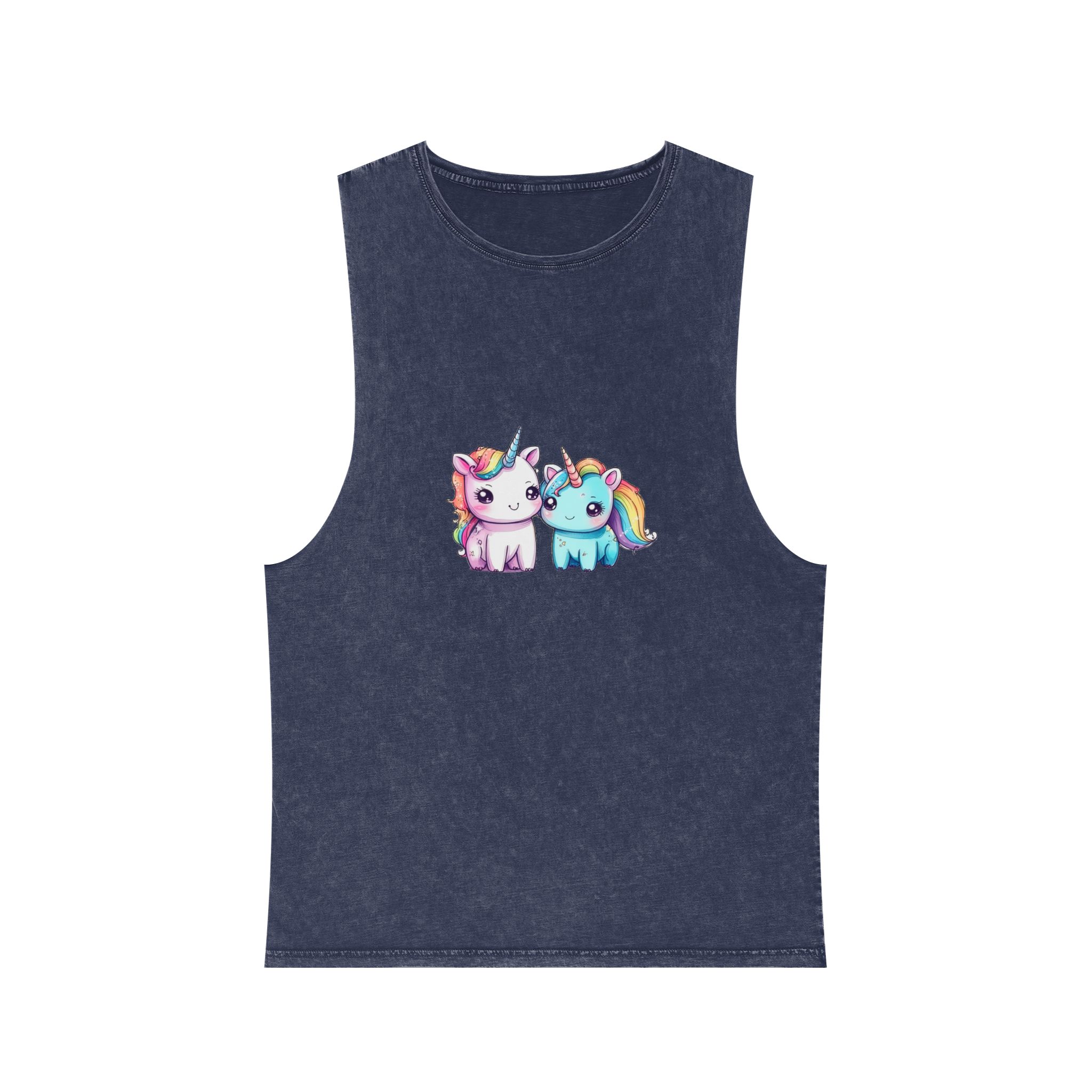 Pair Adorable Light Blue Pink Unicorns Isolated Rainbow Colors Background Unisex Stonewash Tank Top - Image 13