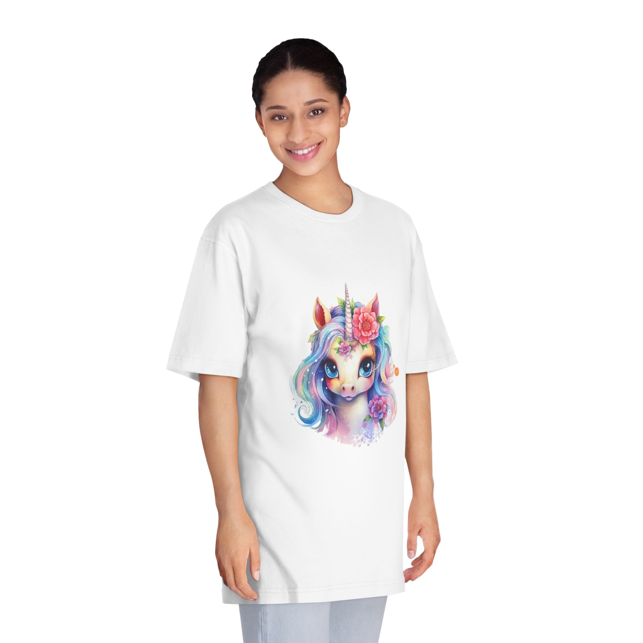Cute Colorful Magic Unicorn With Flowers Watercolor Style (8) Unisex Classic Crewneck T Shirt - Image 3