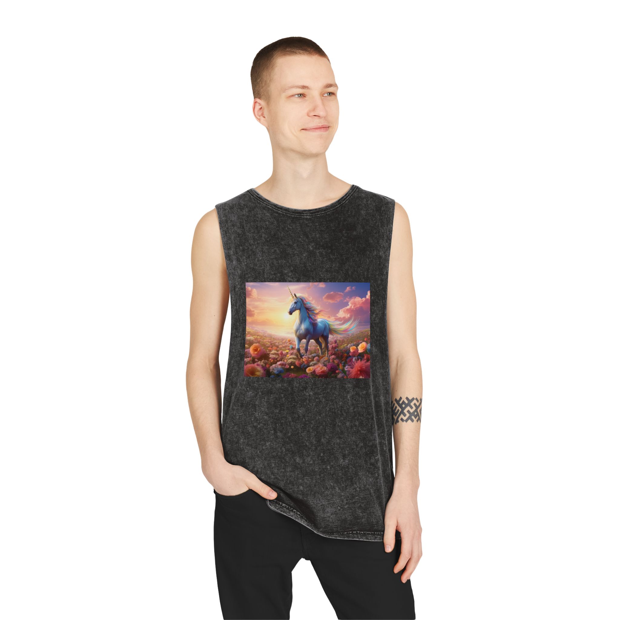Unicorn Flower Field Unisex Stonewash Tank Top - Image 3
