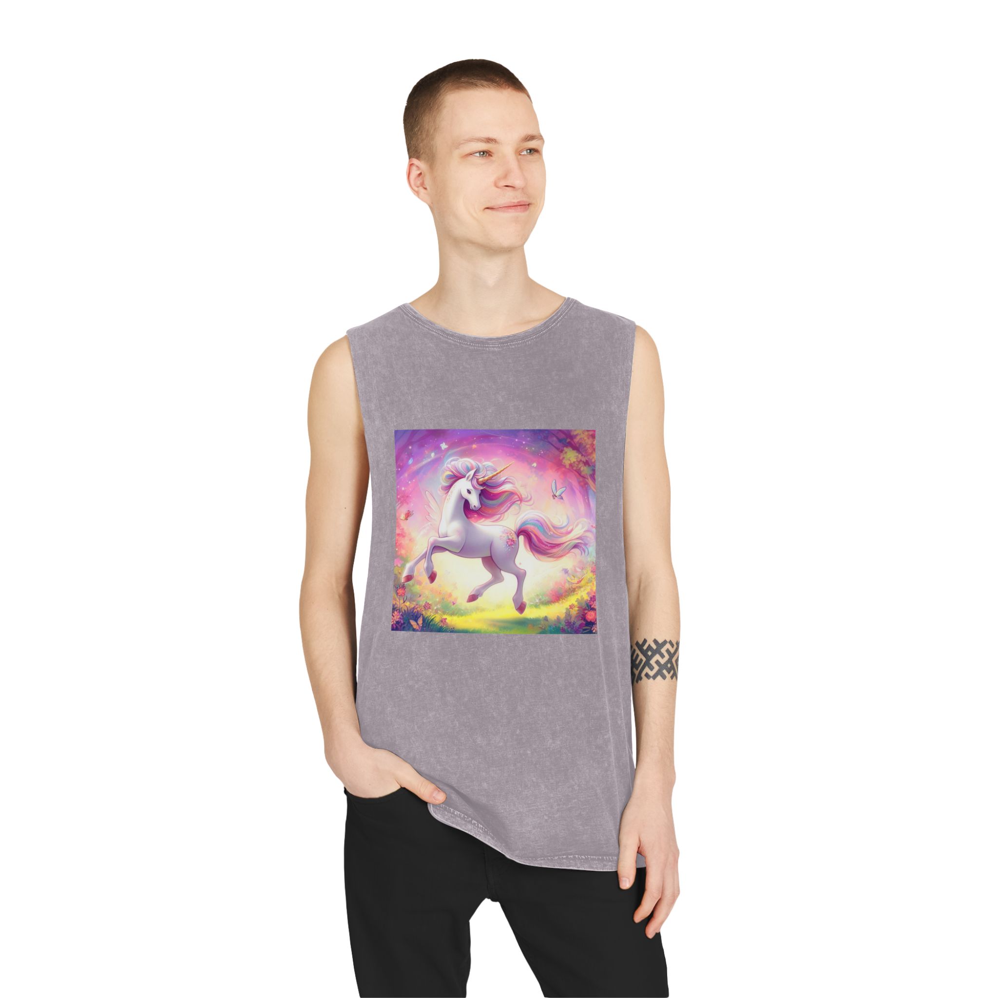 Beautiful Unicorn Running Magical Meadow Unicorn Background Images Whimsical Unicorn (44) Unisex Stonewash Tank Top - Image 19