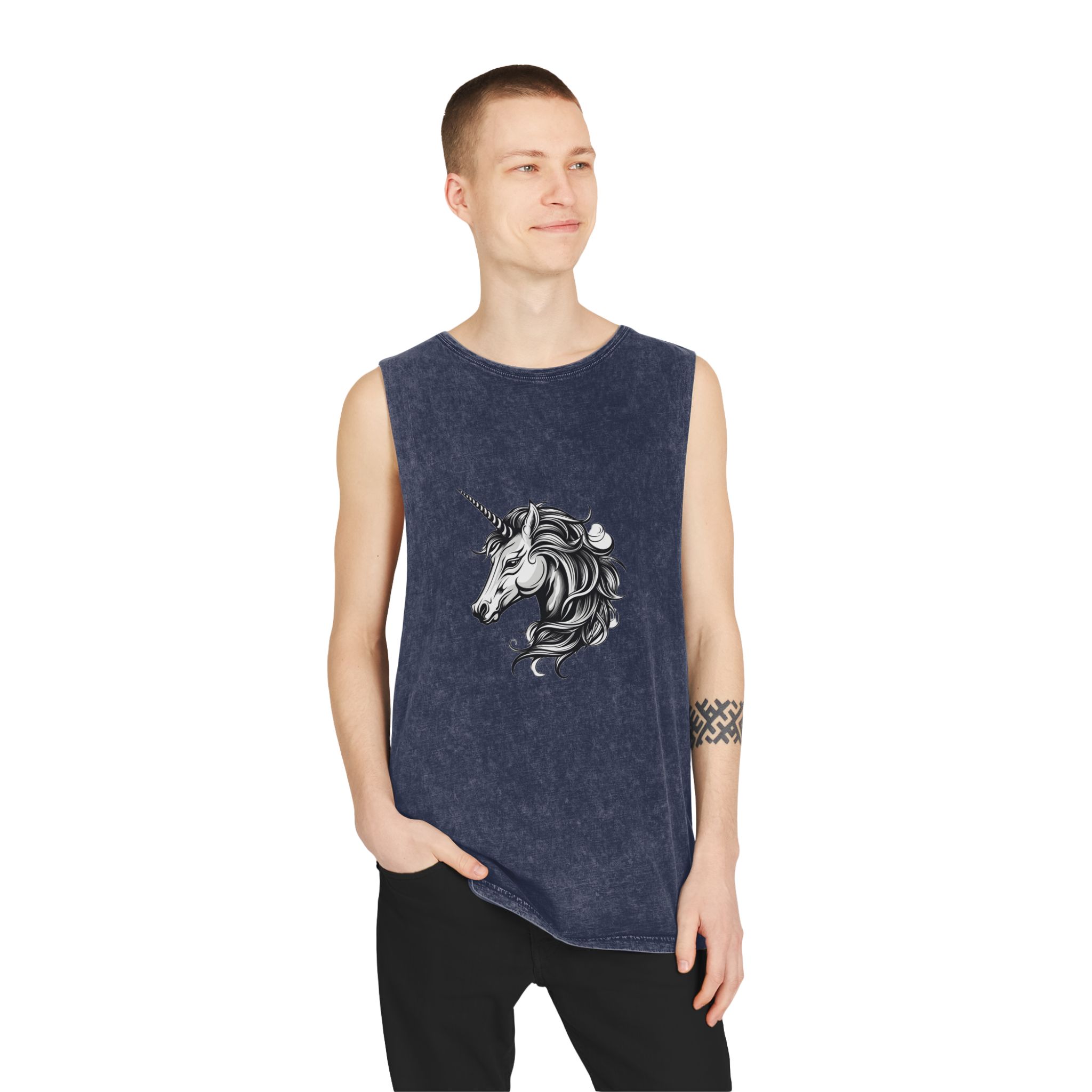 Unicorn Head Tshirt Tattoo Design Dark Art Illustration Isolated White Copy Unisex Stonewash Tank Top - Image 15