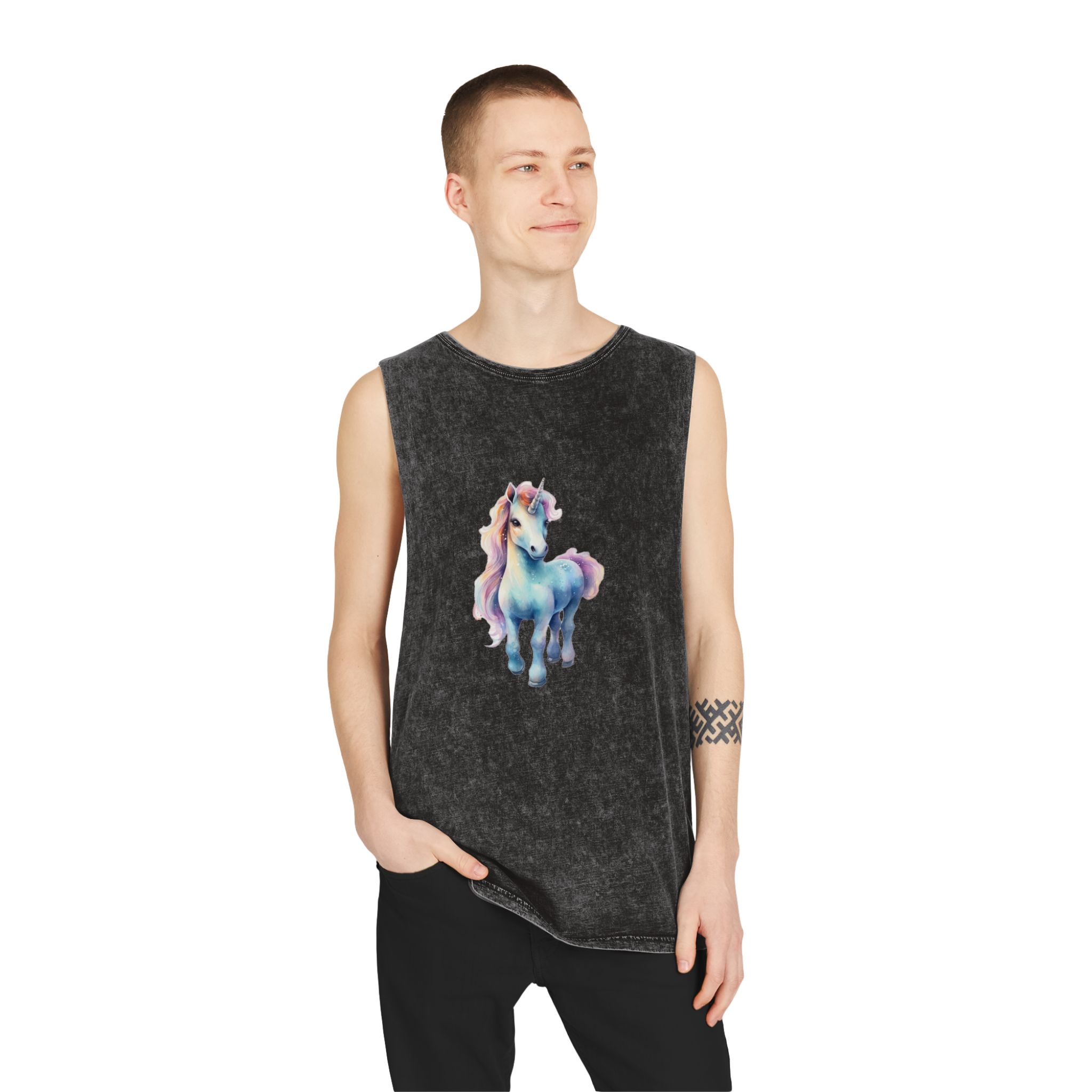Painting Unicorn With Long Mane Colorful Mane Generative Ai (2) Unisex Stonewash Tank Top - Image 3