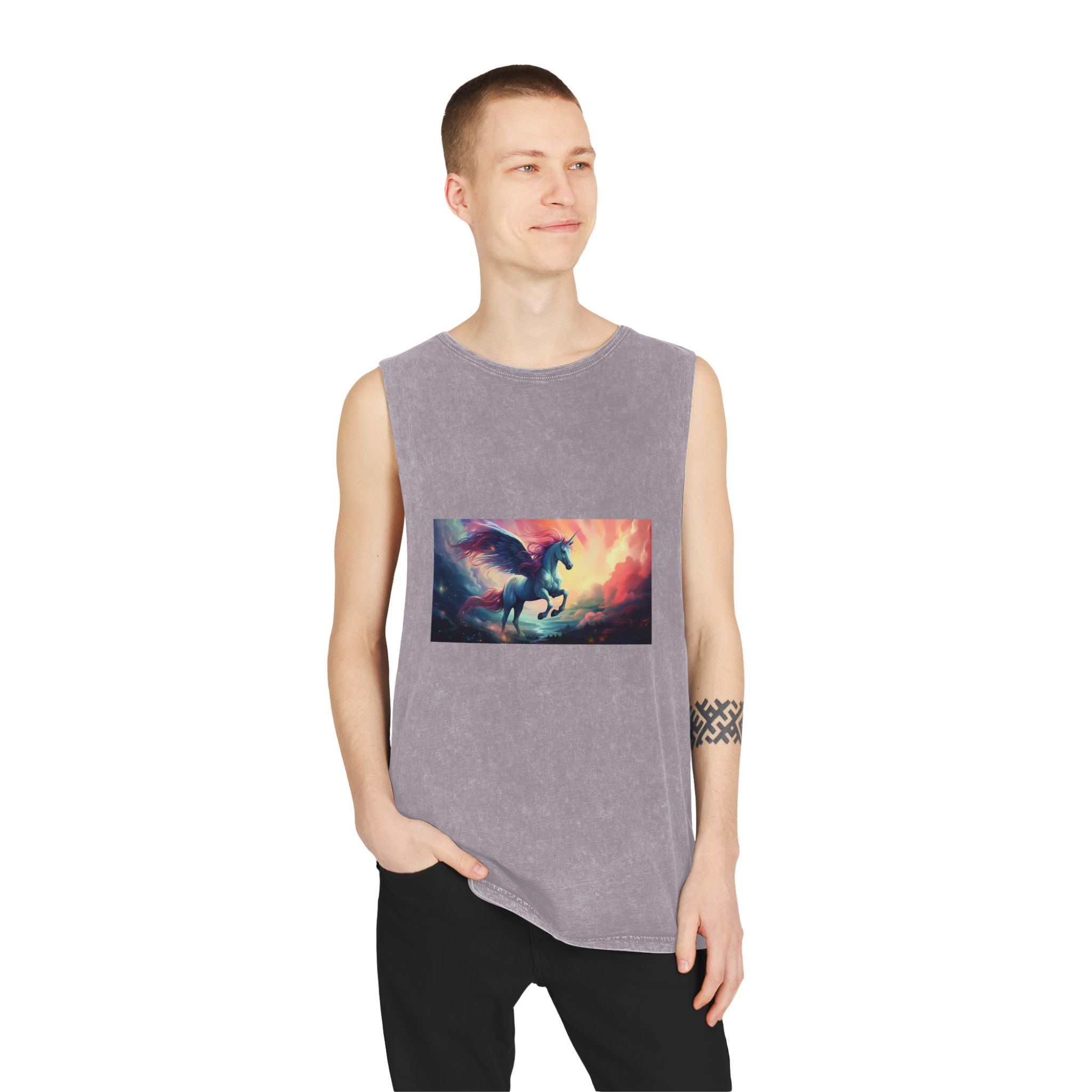 Painting Unicorn With Wings Flying Lake Generative Ai Unisex Stonewash Tank Top - Image 19
