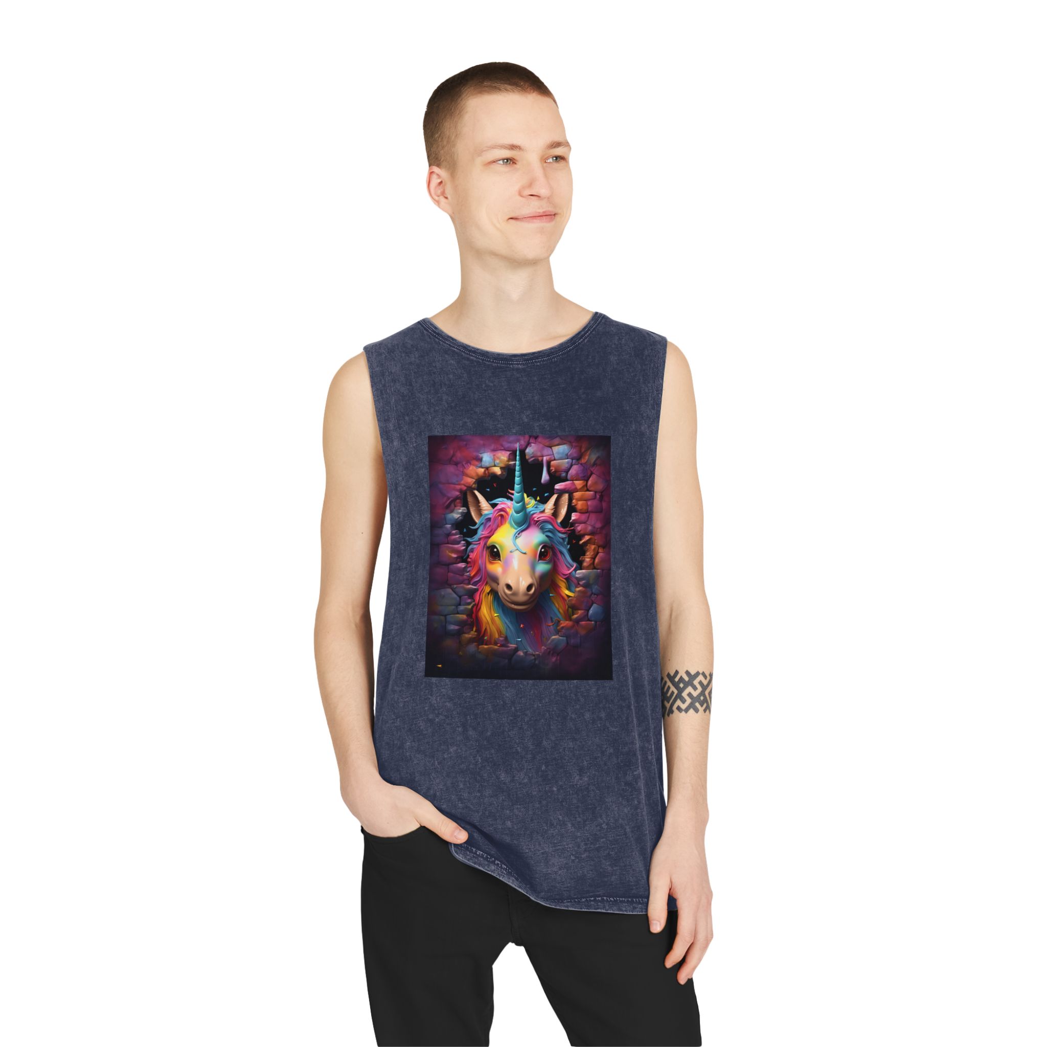 Cute Unicorn Cartoon Looking Through Wall Poster Illustration Kids Unisex Stonewash Tank Top - Image 15