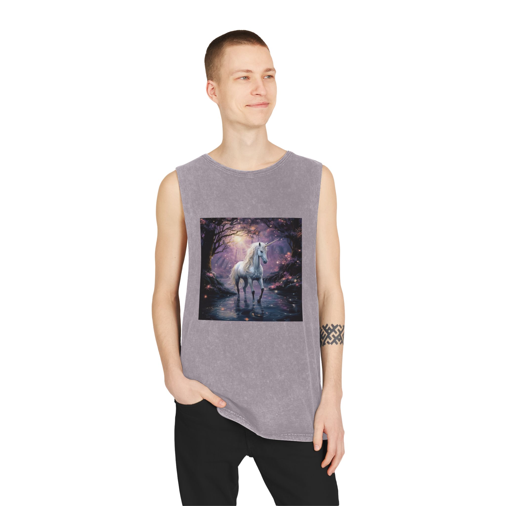 Unicorn Forest With Stream Water Trees Generative Ai Unisex Stonewash Tank Top - Image 19