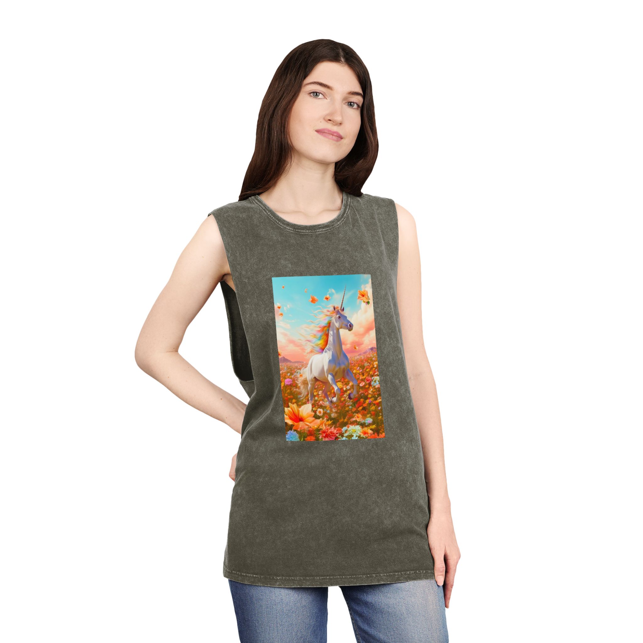 Image White Unicorn Running Through Field Wildflowers Generative Ai Unisex Stonewash Tank Top - Image 8