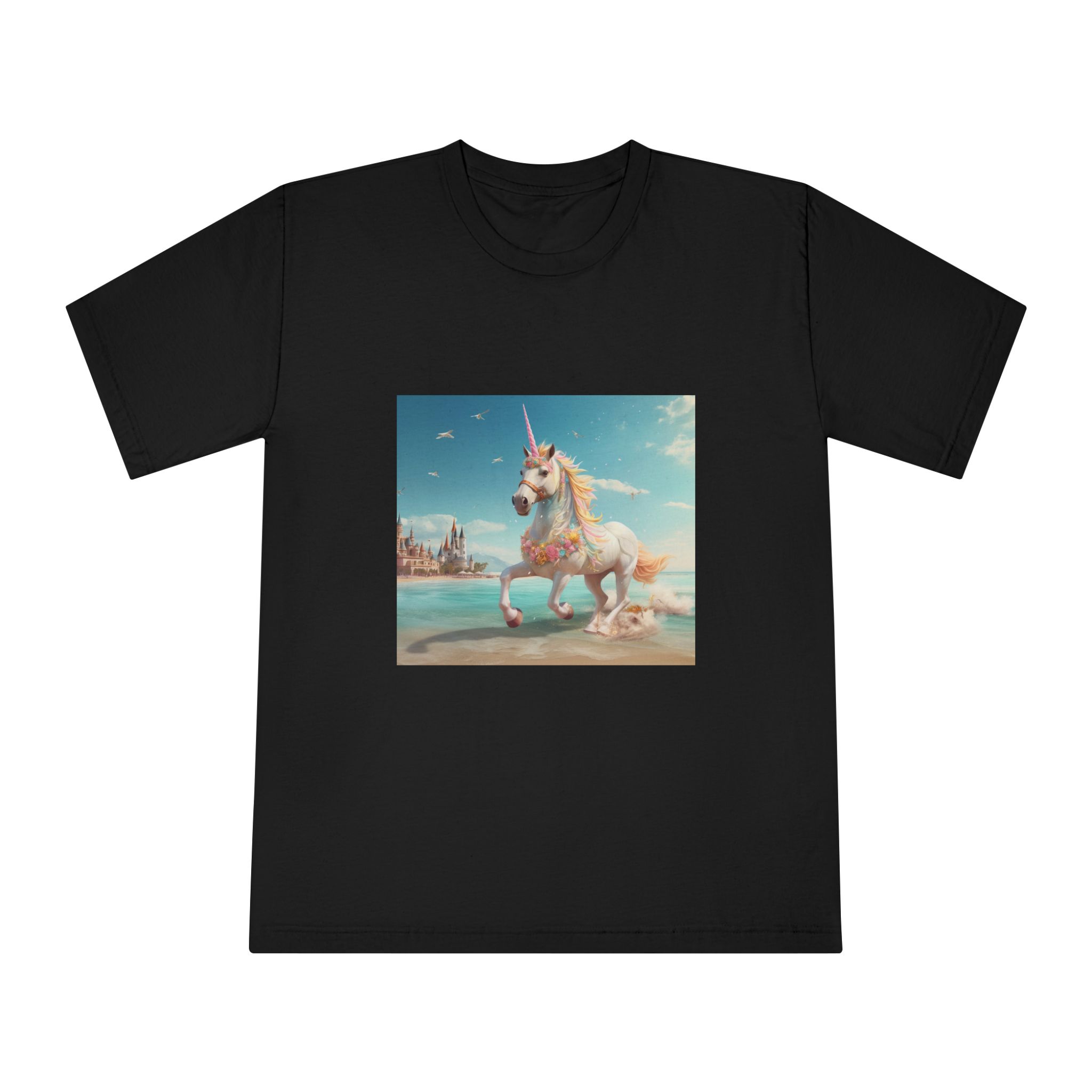 There Is Unicorn Running Beach With Castle Background Generative Ai Unisex Classic Crewneck T Shirt - Image 5